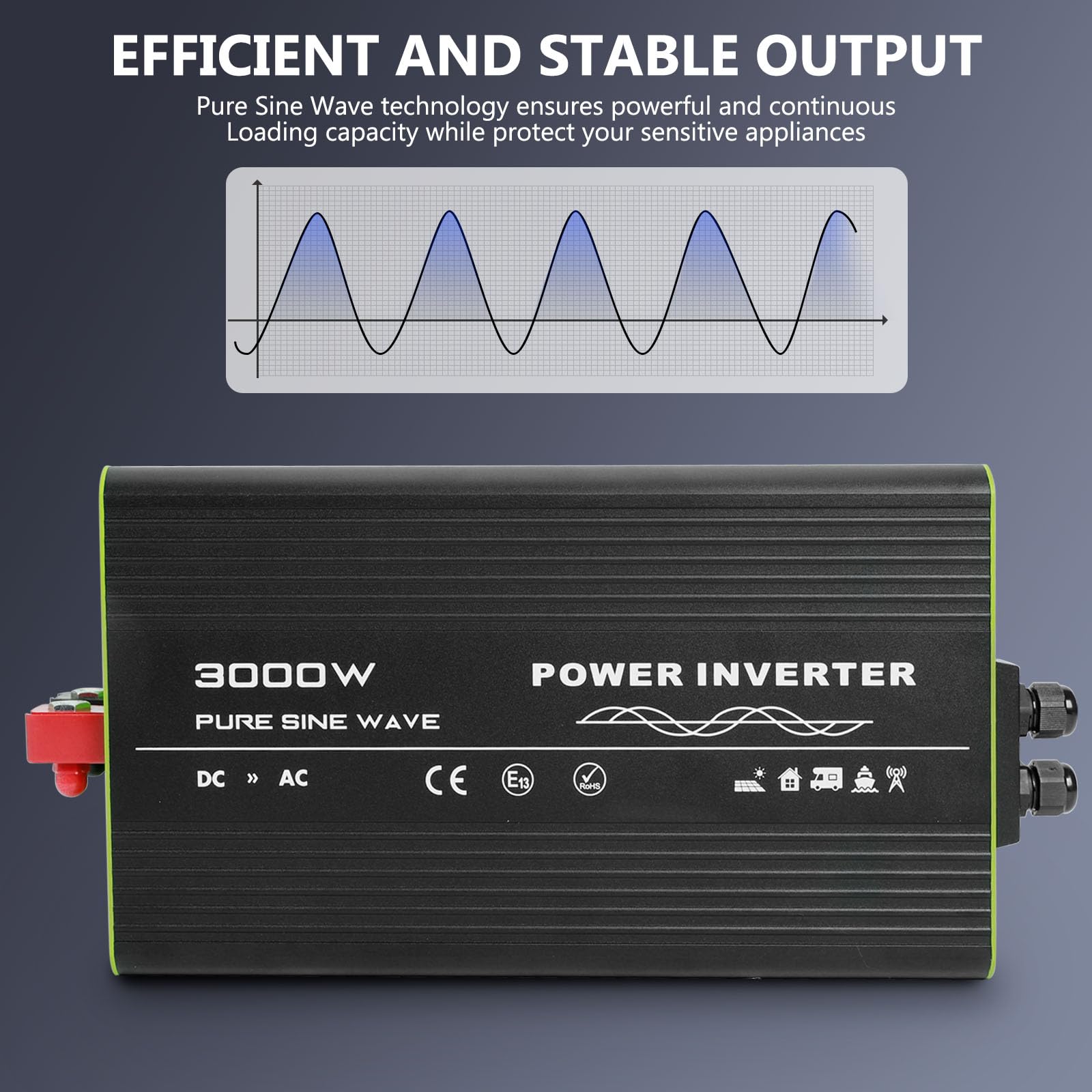 3000W Pure Sine Wave Inverter Suitable for Travel, RVs, Kettles, Cool Fans, Speakers, Cameras, Game Consoles etc 12V DC to 110V AC with Built-in 5V/2.1A USB/Hardwire Port, LCD Digital Display