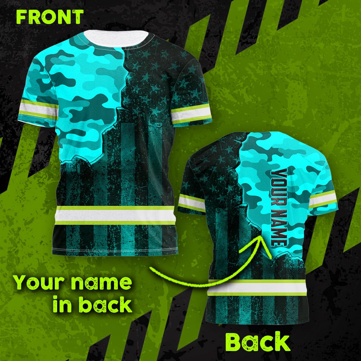 HiVis Custom Safety Shirt Scratch Blue Neon Camo US Flag Customize Name High Visibility Shirt for Men Hi Vis Shirt Hi Viz Workwear for Runners, Walkers, Truckers, Operators, Patriotic-2XL