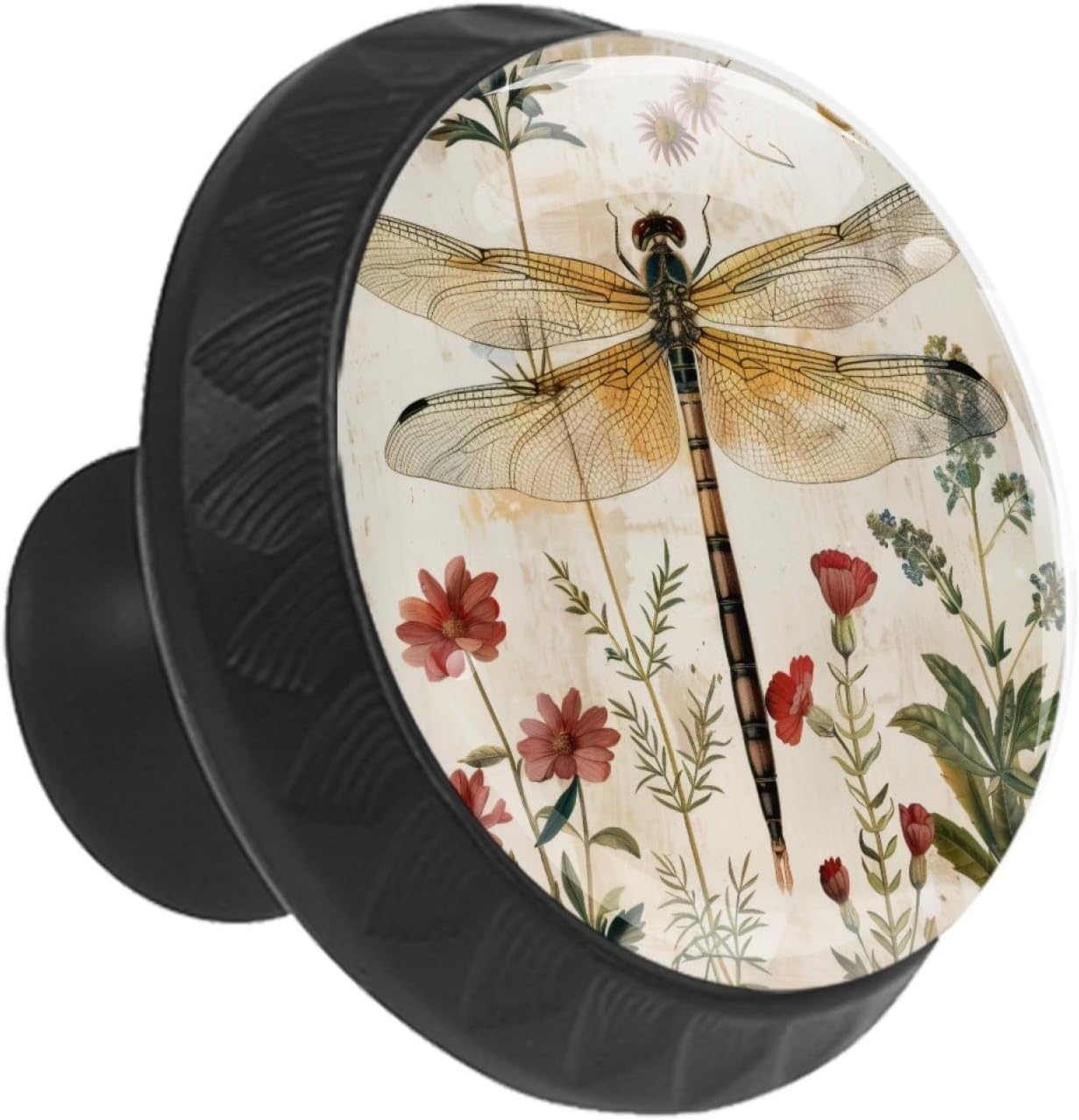 12 Pack Kitchen Knobs for Cabinets, 35mm Black Base Drawer Dresser Knobs, Decorative Handles Pulls for Doors Cupboard Wardrobe (Vintage Dragonflies Wildflowers Floral Herbs)