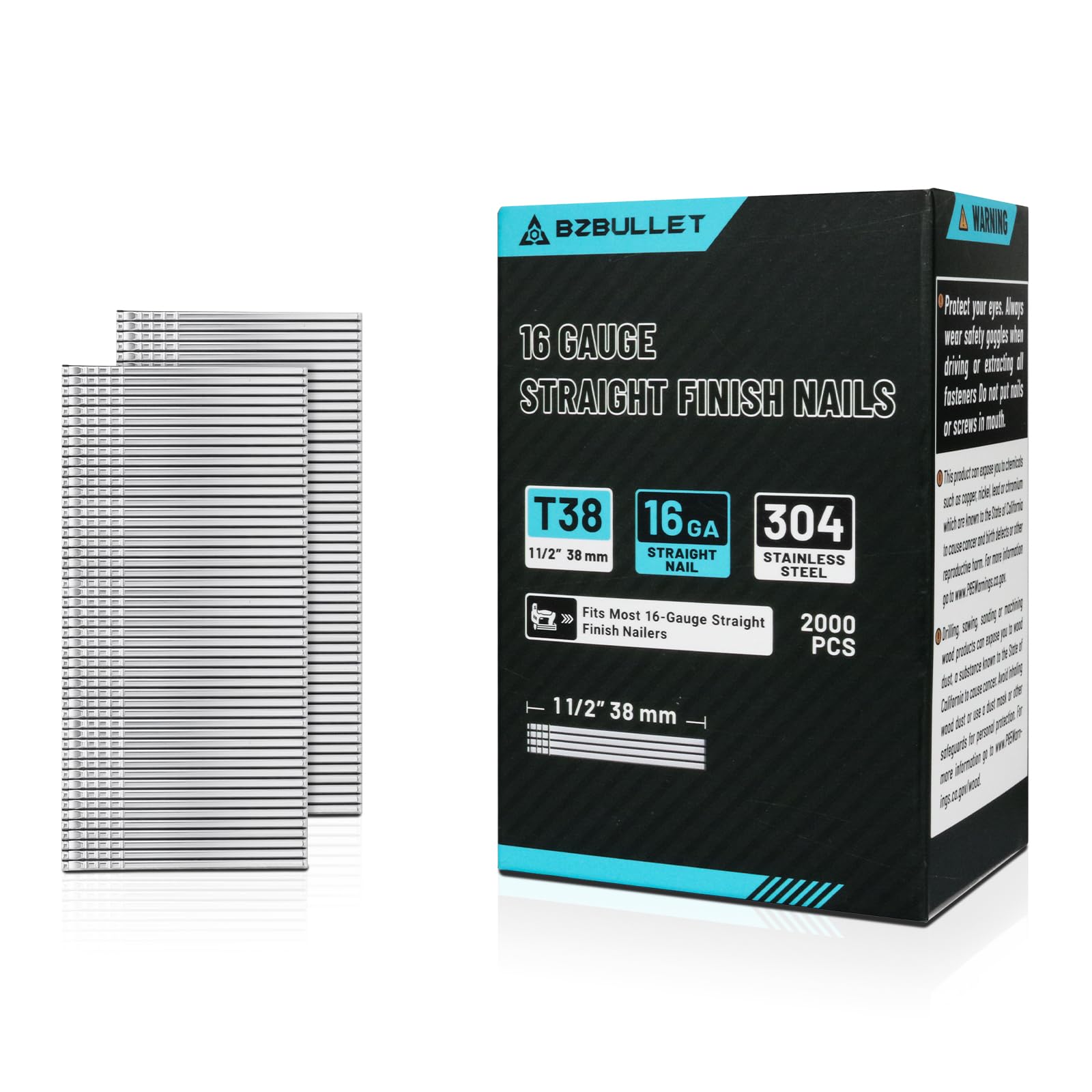 Clous de finition calibre 16 en acier inoxydable 304 de 38 mm pour l'ébénisterie fine
