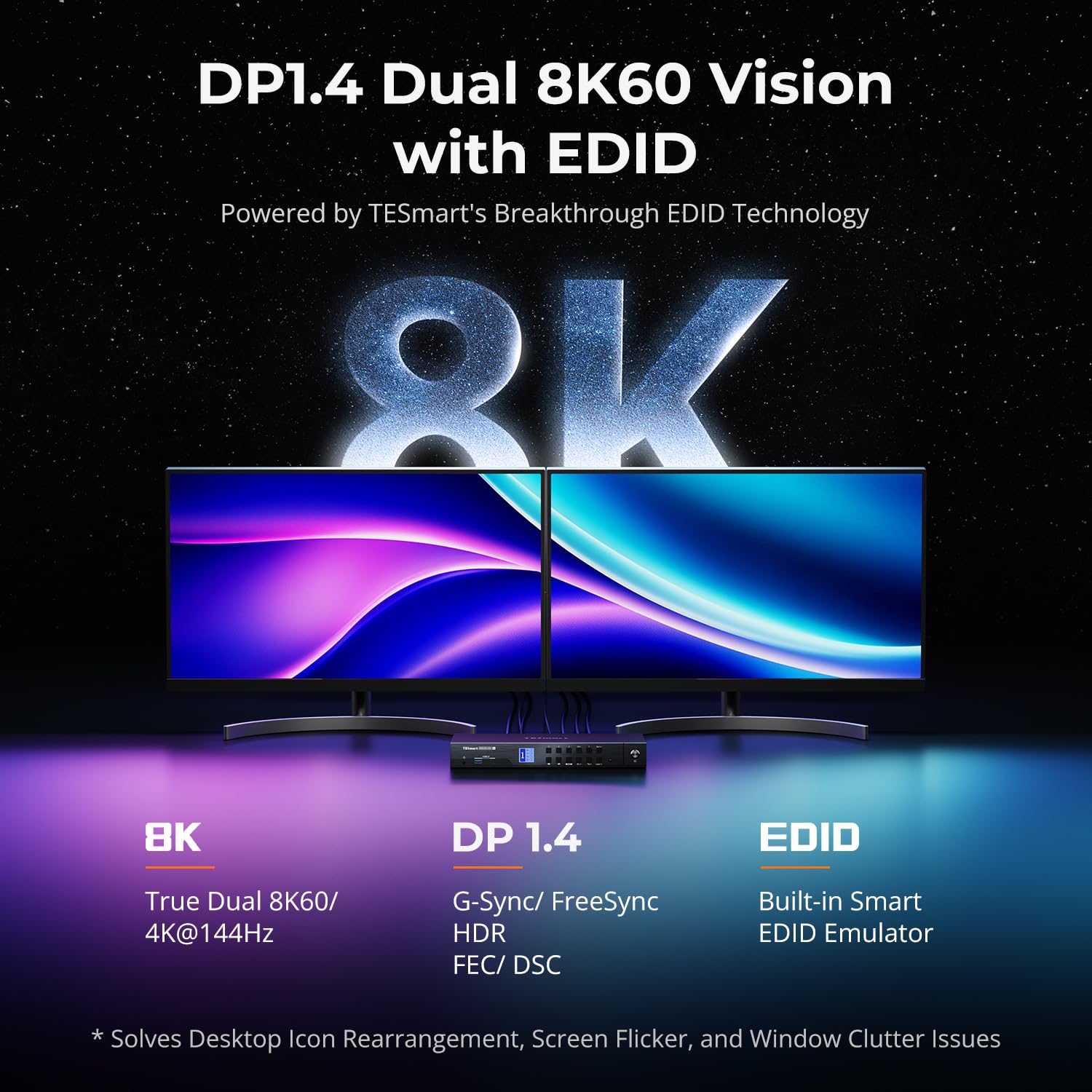 TESmart Commutateur KVM Displayport 4K @ 144Hz 2 moniteurs 4 ordinateurs, commutateur KVM DP 1.4 double moniteur 8K @ 60Hz, USB 3.0, prend en charge EDID, réseau Gigabit, commutateur Hotkey, VRR, tous
