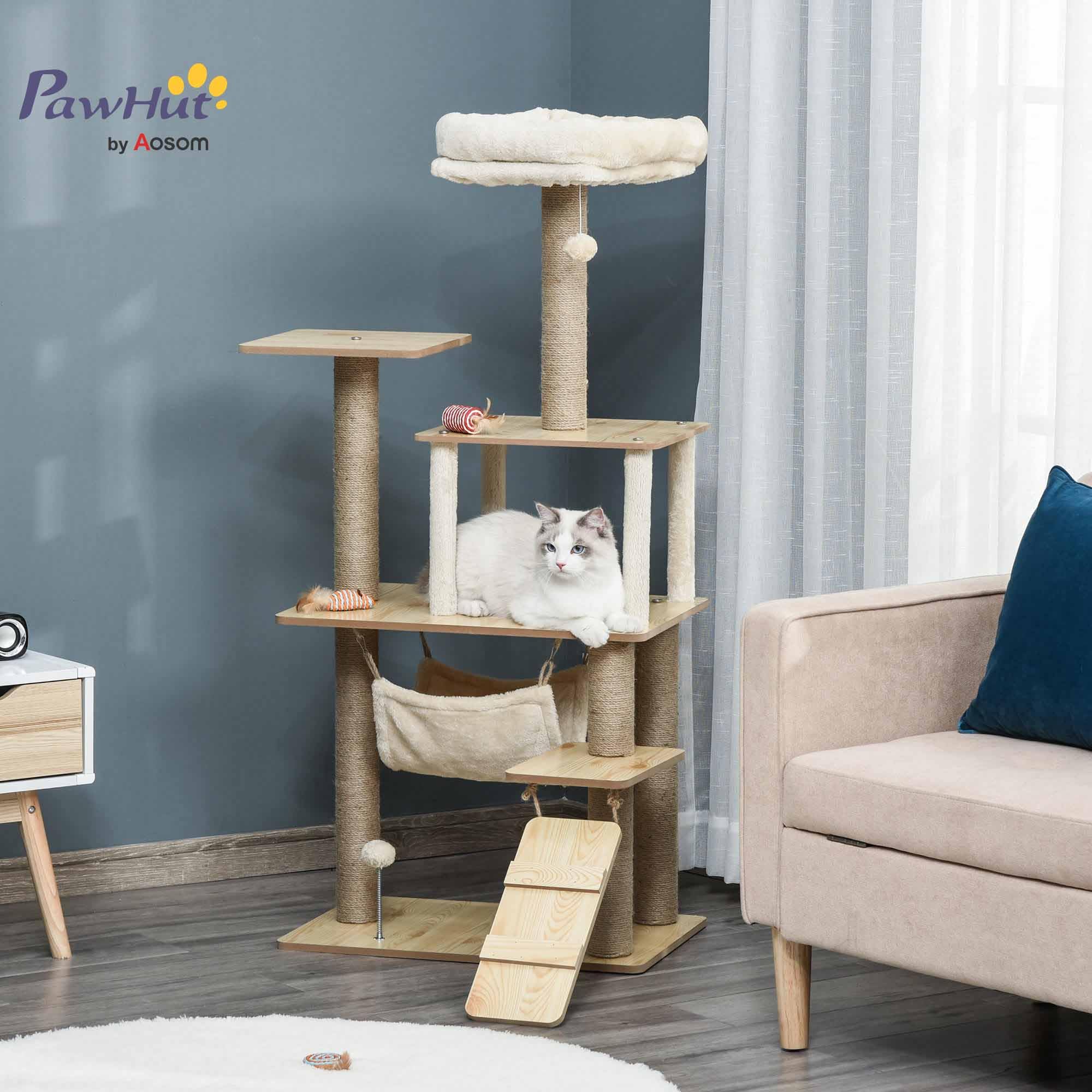 PawHut Albero Tiragraffi Multilivello con Casetta, Amaca, Scaletta e Corde in Juta, Rivestimento Peluche, 60x40x130cm, Giallo