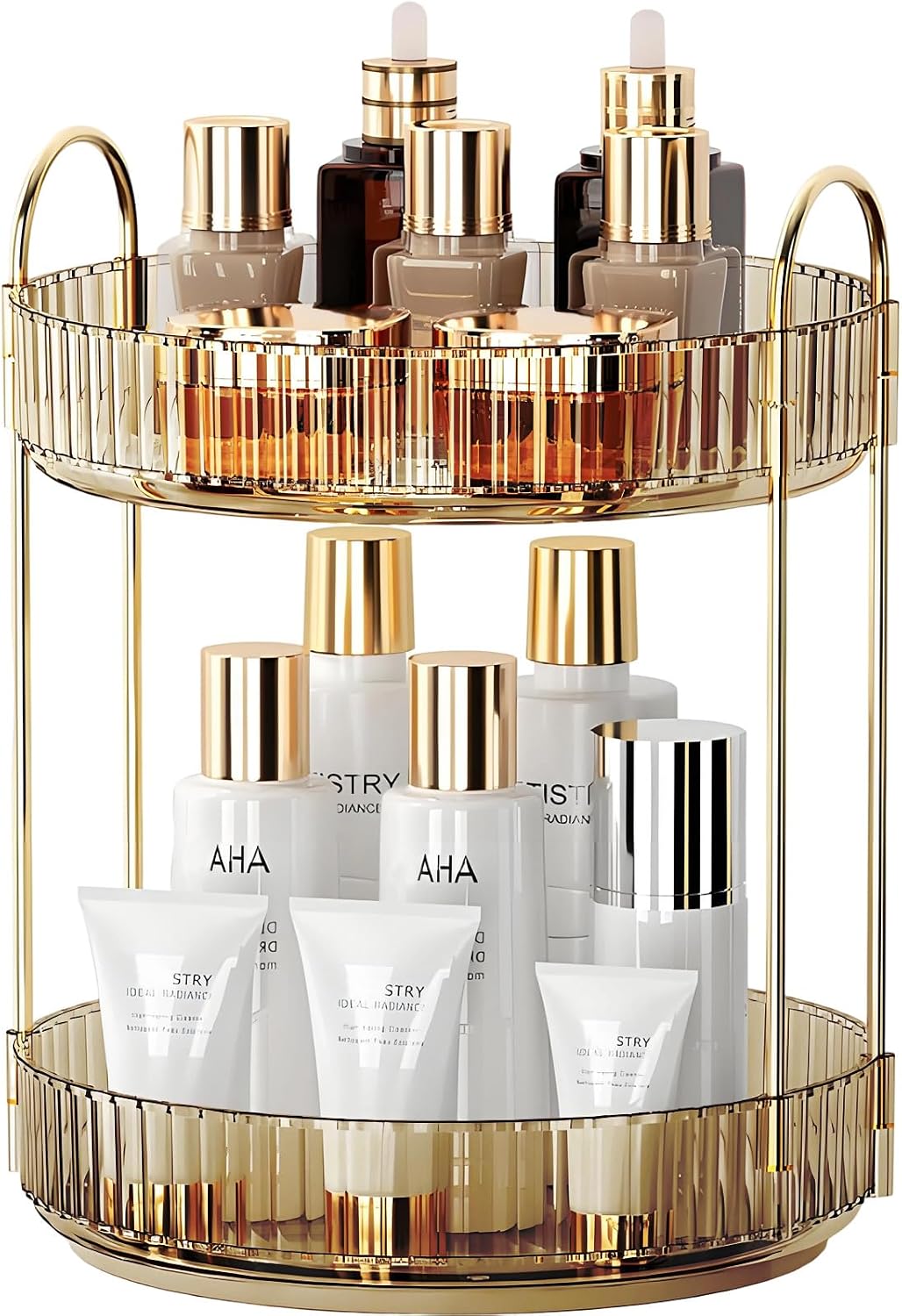 Makeup Organizer for Vanity 360 Rotating, Large Capacity Cosmetic Organisers for Lipsticks, Jewelry, Nail Care, Skincare, Perfume, Ideal Desk Organizer for Dresser, Bathroom and Kitchen(Gold, 2 Tier)