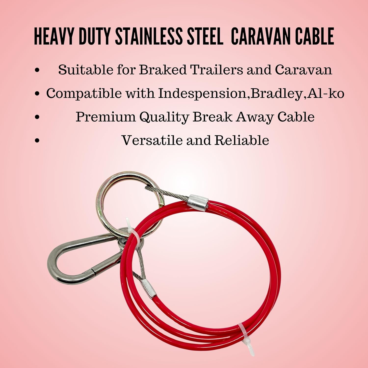 Heavy Duty, Trailer Caravan Breakaway Break Cable, Unhitching Emergency Cable, Williams Caravan Horsebox Boat Plant Coupling Safety Cable, Burst Ring, 1M Stainless Steel Cable, Pull-off Force ≥ 400kg