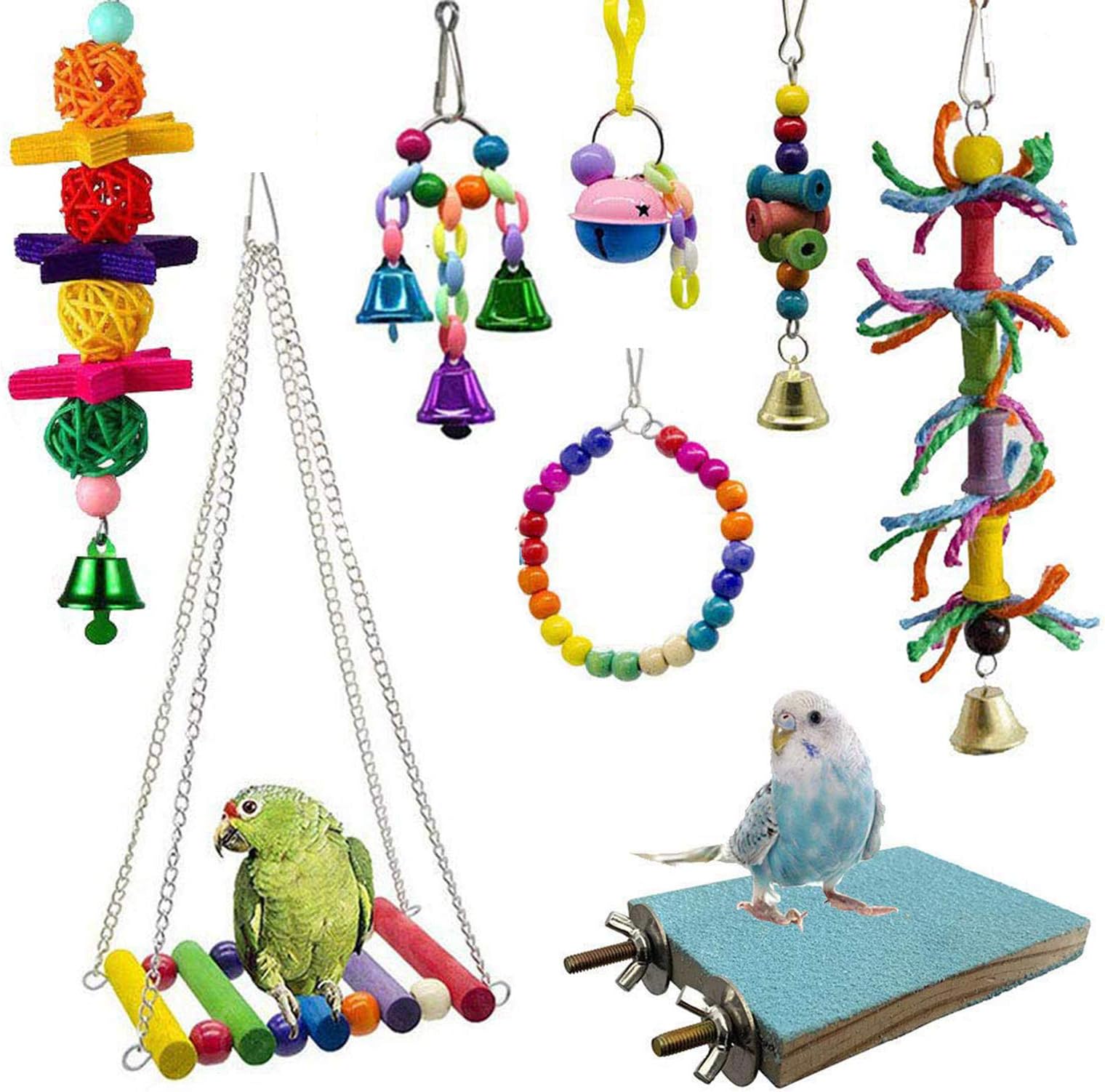Bird Chewing Toys, 8Pieces Bird Parrot Toys Bird Hanging Bell Toy Hanging Colorful Swing Chewing Toy Bells, Ladder Swing for Small Parrots, Macaws, Parakeets, Conures, Cockatiels, Love Birds