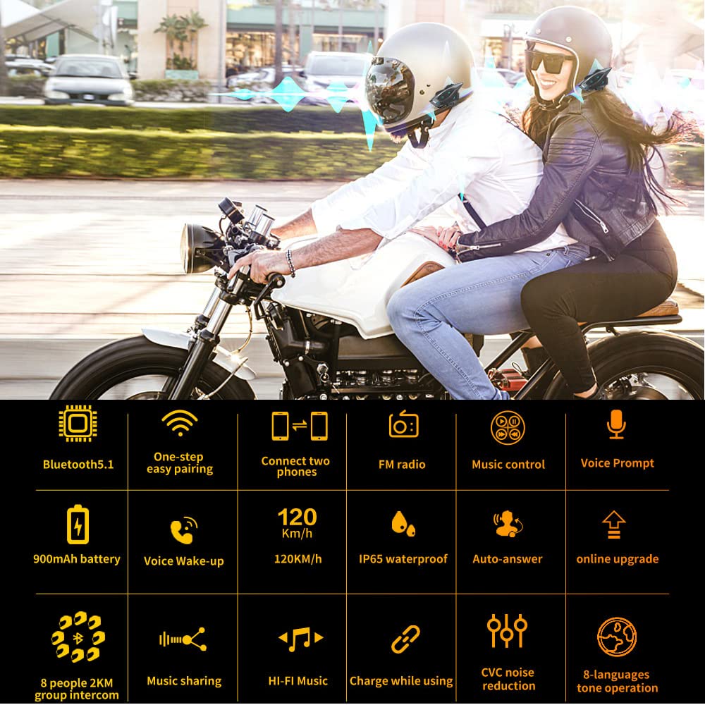 QSPORTPEAK Interfono Bluetooth per casco da moto, full duplex Interphone wireless per moto per 6 piloti /Range2000m/Multi-country tone selection, One-step easy pairing(2 confezione)