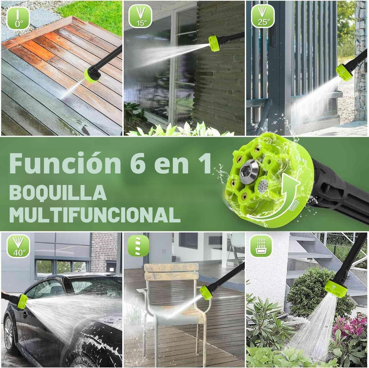 Limpiador de alta presión con batería, 120 bares, pistola de alta presión inalámbrica 300 l/h con boquilla 6 en 1 y manguera de 5 m, pistola de alta presión para lavar y riego de coche (2 baterías)