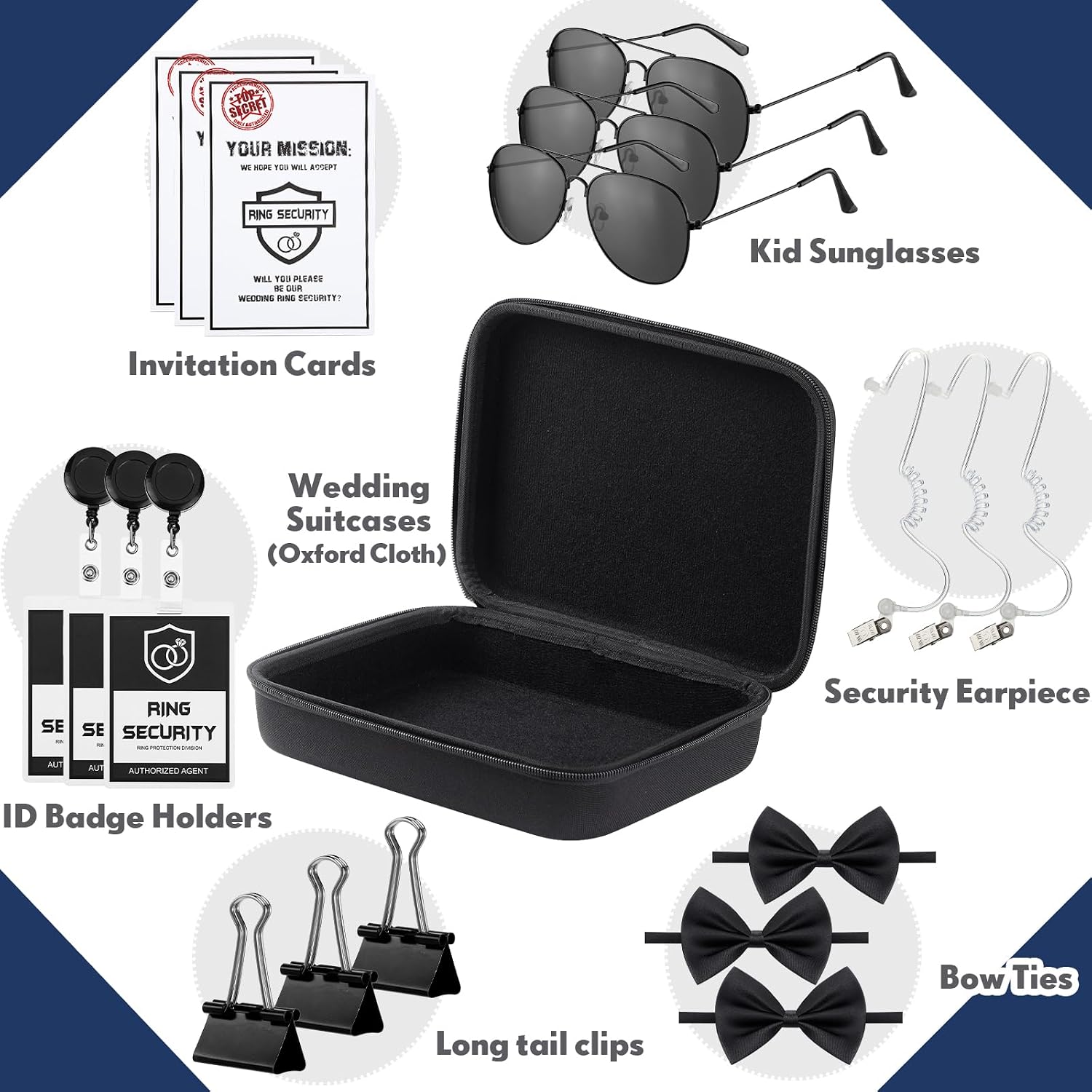 Mepase 7 Pcs Ring Wedding Bearer Security Set Include Ring Bearer Box ID Badge Holder Sunglass Acoustic Earpiece Tube Mission Card with Binder Clip Bow for Kids (Cloth Suitcase)