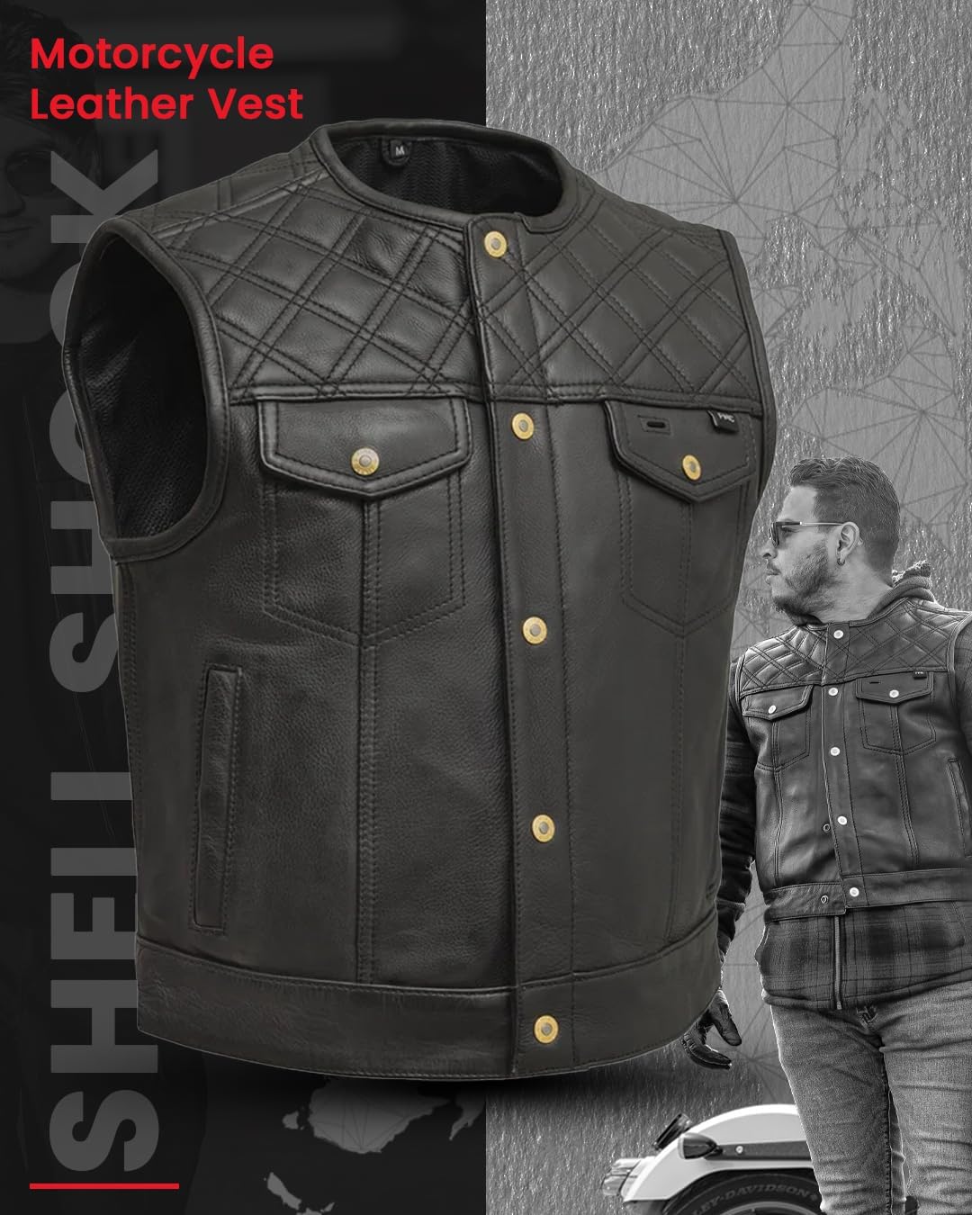 First Mfg Co Leather Motorcycle Vest for Men Club Style with Rolled Collar Biker Vest Double Diamond Tonal Stitch YKK Zippers