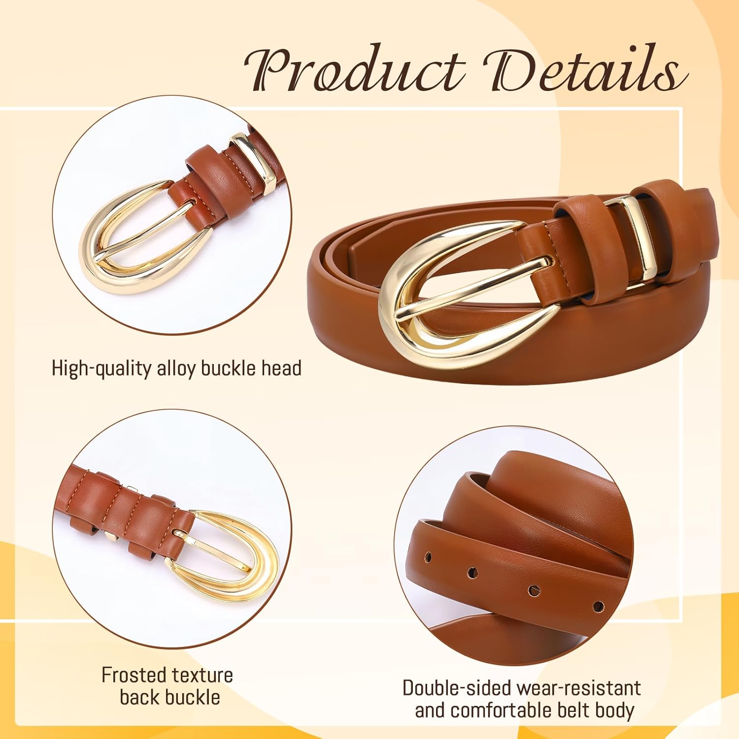 Womens Leather Belt for Jeans Pants - 2 Pack Fashion Leather Ladies Waist Belt with Gold Buckle - Image 3