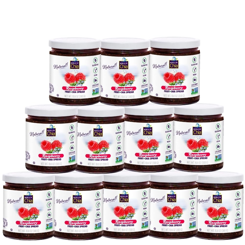 World of Chia Extra Fruit Spread – Raspberry Chia Jam, All-Natural Super Food Fruit Preserve, Gluten Free, Vegan, Pure Cane Sugar, Omega 3, Non-GMO (10.6 Ounce - Pack of 12)