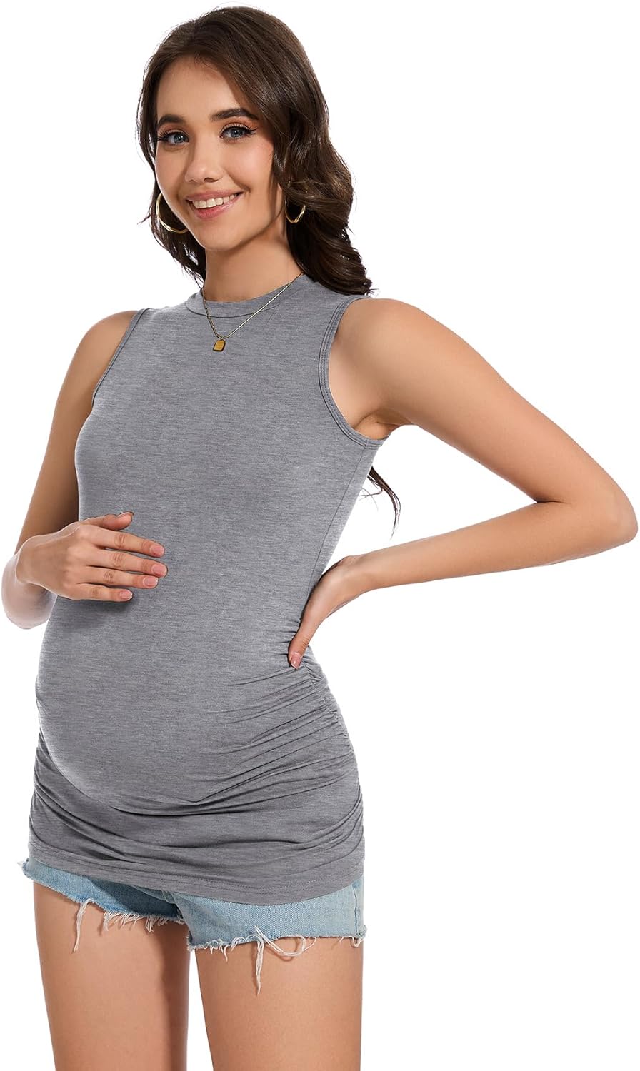Smallshow Women's Maternity Tank Top Crew Neck Sleeveless Pregnancy Clothes 3 Pack - Image 6