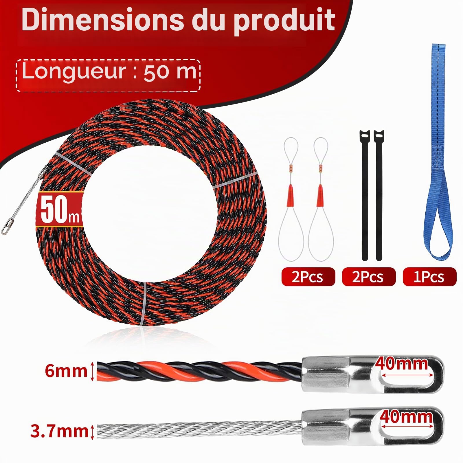 EFUTURETIME 50M Aiguille Tire Cable 6mm Tire Fils Electrique avec 2 Ressorts de Guidage, 3 Sangles d'Arrimage, pour Insertion et Extraction de Câbles Électriques