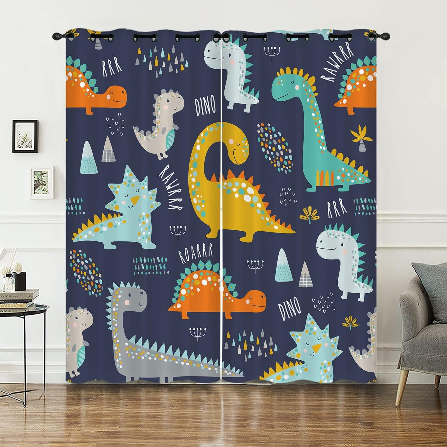 SMXVRC Cartoon Dinosaur Room Darkening Curtains Cute Animal Dino Printed Drapes Panorama Pattern Light Blocking Thermal Insulated Window Drape Treatment for Kids Bedroom Decor, W55 x L84 x 2 Panels