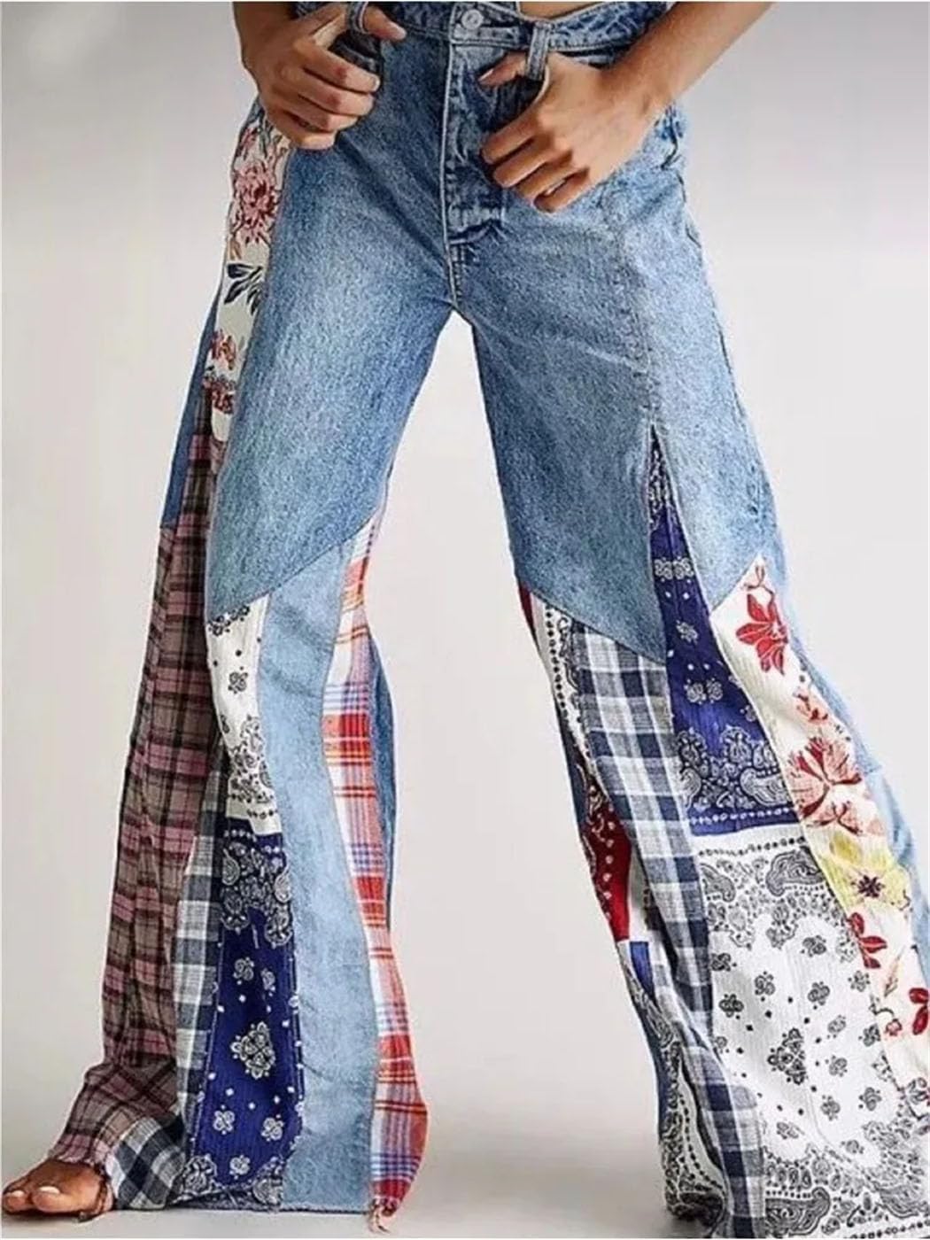 Women High Waist Wide Leg Jeans Patchwork Harajuku Style Denim Pants for Street Vintage Looks