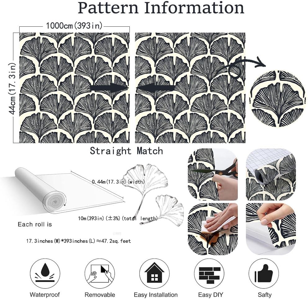 Peel and Stick Wallpaper Modern 17.3''×393'' Zebra Black Ginkgo Leaves Wallpaper Self Adhesive Removable Wall Paper Bedroom Feather Palm Contact Paper for Cabinets and Drawers Decor Vinyl