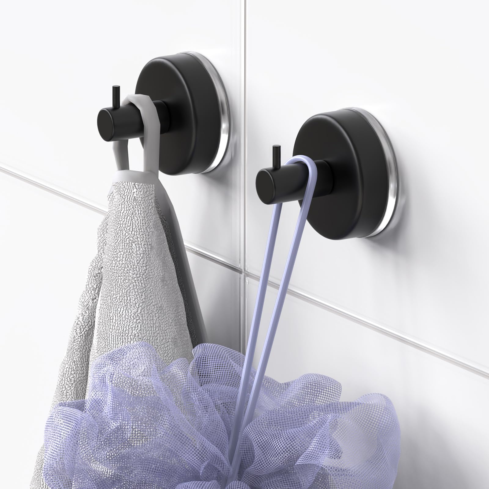 HUFEEOH Ganchos con ventosa para ducha, paquete de 4 ganchos extraíbles para toallas para ducha interior, ganchos de toalla sin taladrar para baño, ducha, montaje en pared (negro)