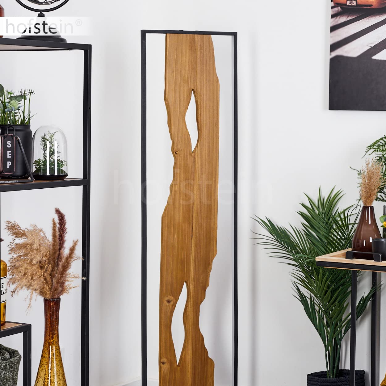 hofstein Lámpara de pie LED Nevogilde, lámpara de pie de metal/madera/plástico en negro/latón/blanco, lámpara de pie de diseño vintage con interruptor de pie y efecto de luz, 20 vatios (incl.)