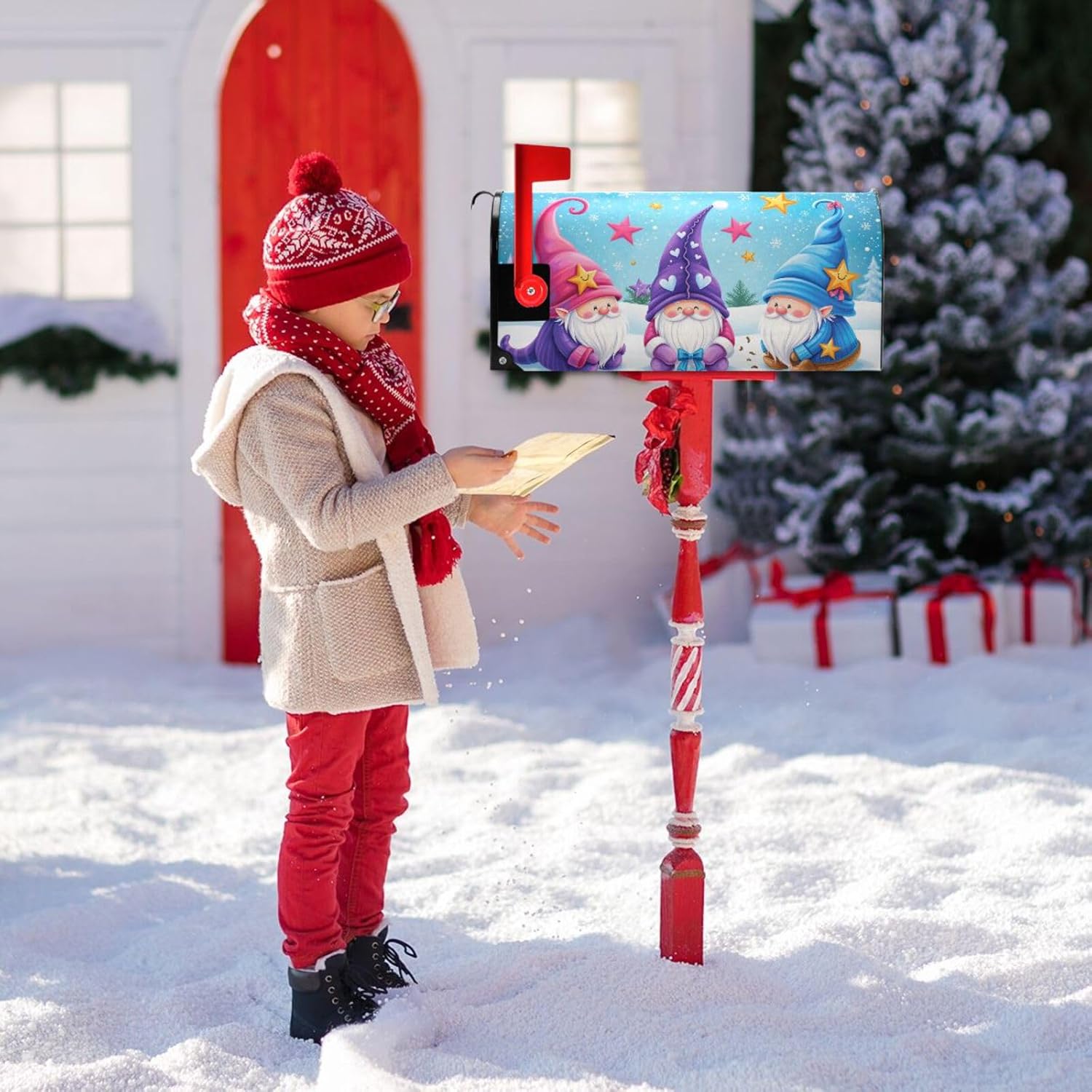 Kcldeci Winter Gnome Magnetic Mailbox Cover - Xmas Mailbox Wrap, Standard Size 18 x 21 inch