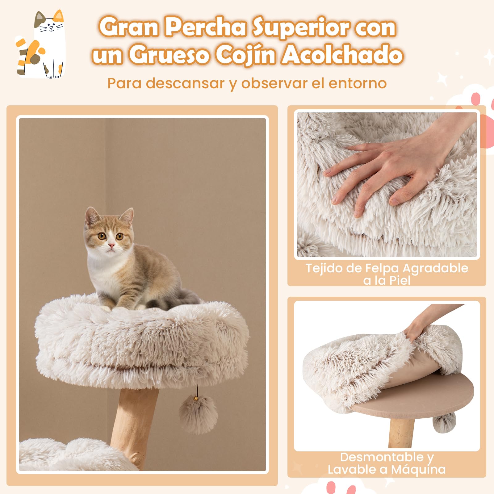 COSTWAY Árbol para Gatos Moderno de Madera Maciza, 102 cm Torre Gatos Rascador Acolchado con Felpa Extra Suave, Rascador para Gatito, 3 Plataformas, Poste de Yute, Nido, Bola Colgante, Blanco