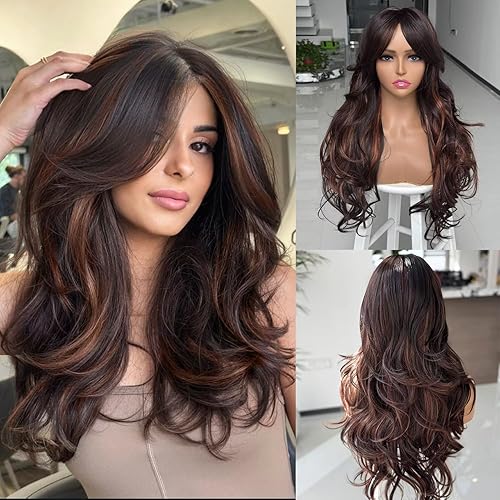 Ombre Brown Highlight Long Layered Wavy Wig with Bangs for