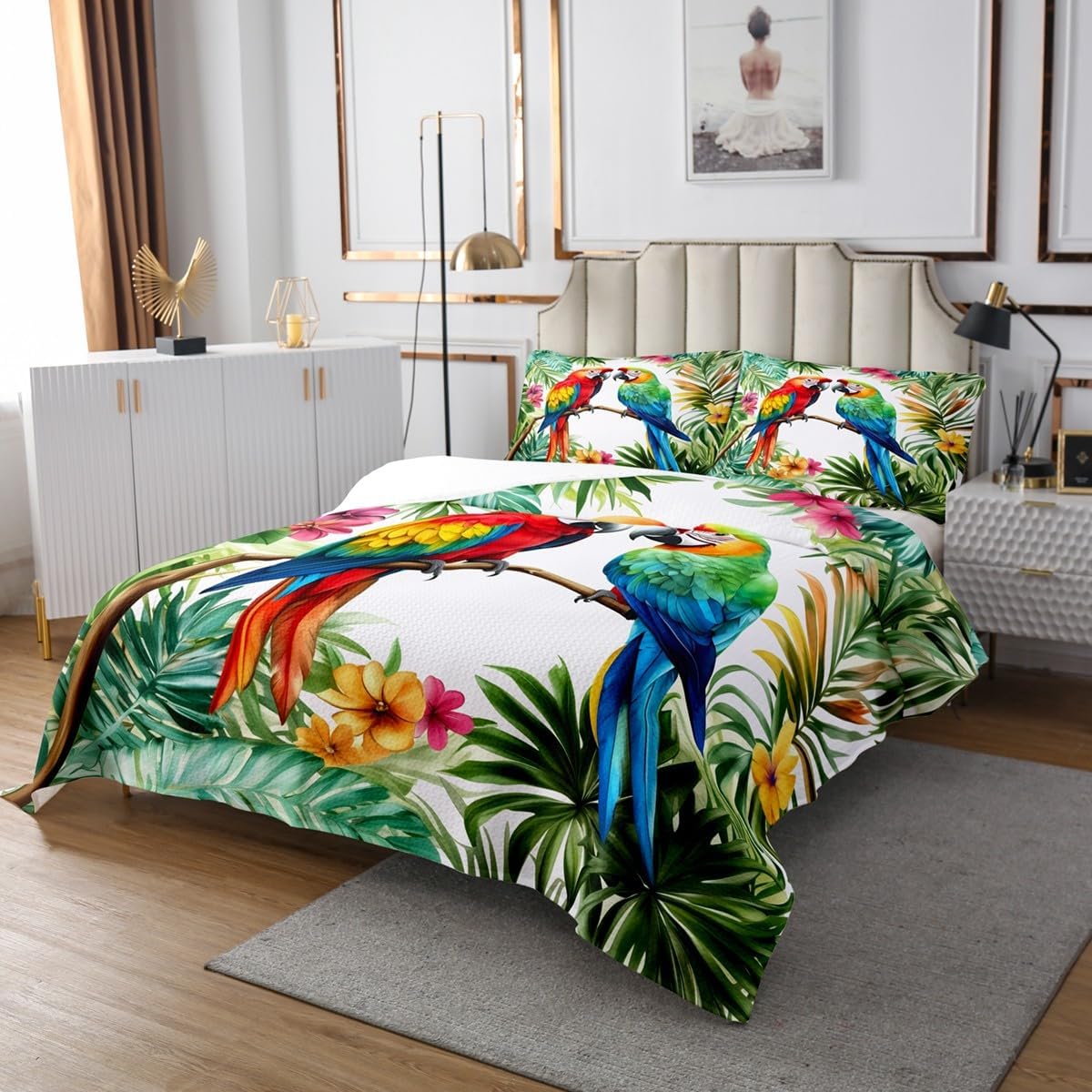 Homewish Jungle Parrot Bedspread Queen Size,Palm Leave Blossom Flower Bedding Set for Kids Girls Boys Room Decor,Tropical Bird Animal Quilt 3Pcs,Wildlife Parrot Floral Coverlet Set,2 Pillowcases