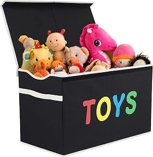 VICTOR'S Kids Toy Box Chest Extra Large Lightweight Collapsible Toy Stanizer Boxes Bins Baskets with Flip-Top Lid & Handles for Kids, Boys, Girls, Nursery Room, Playroom, 27"x14" x16" (Black)