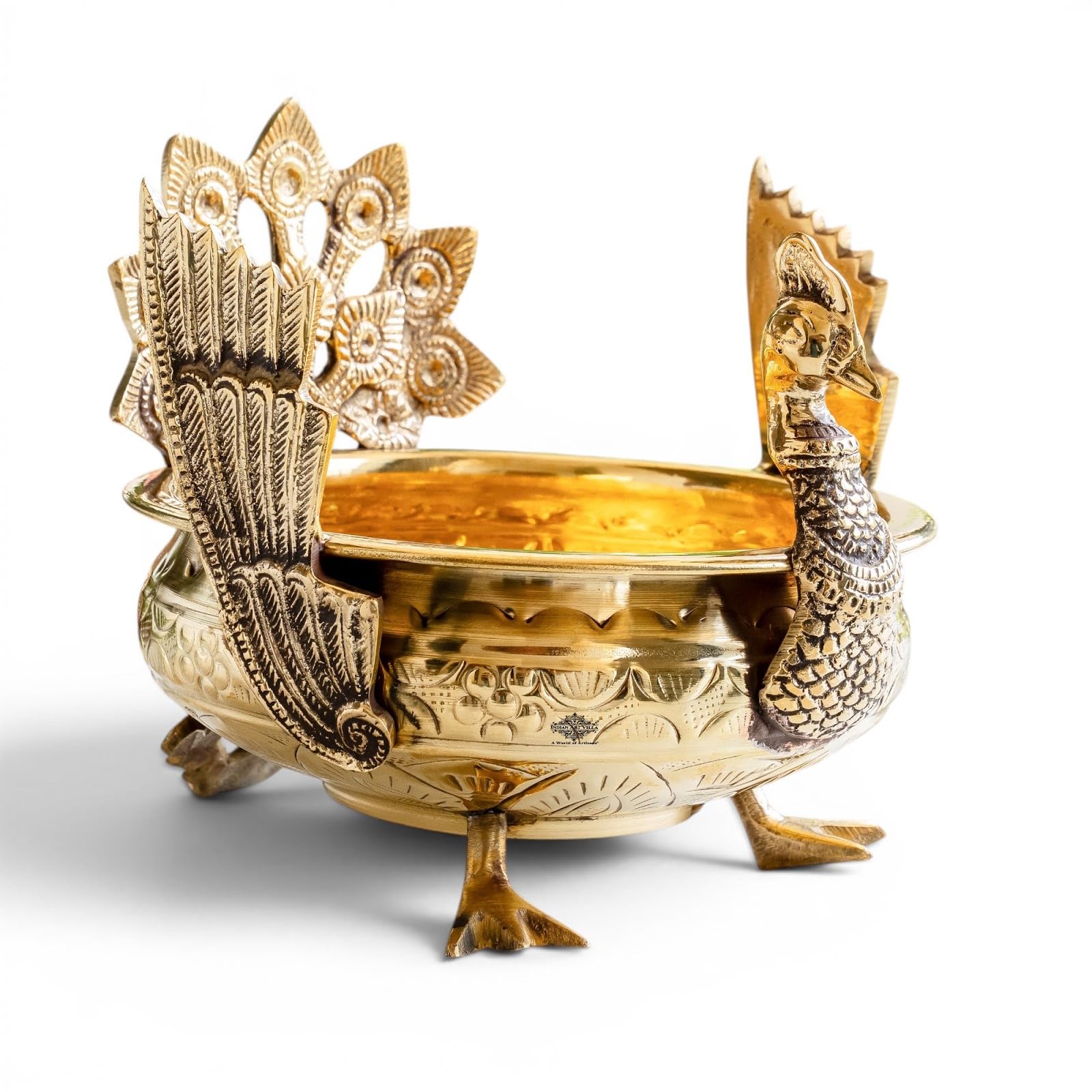 INDIAN ART VILLA Brass Peacock Urli Stand 10 Inch for Home Décor, Decorative Flower Urli Bowl Holder, Traditional Diwali Pooja & Festival Decoration Accent-image-22