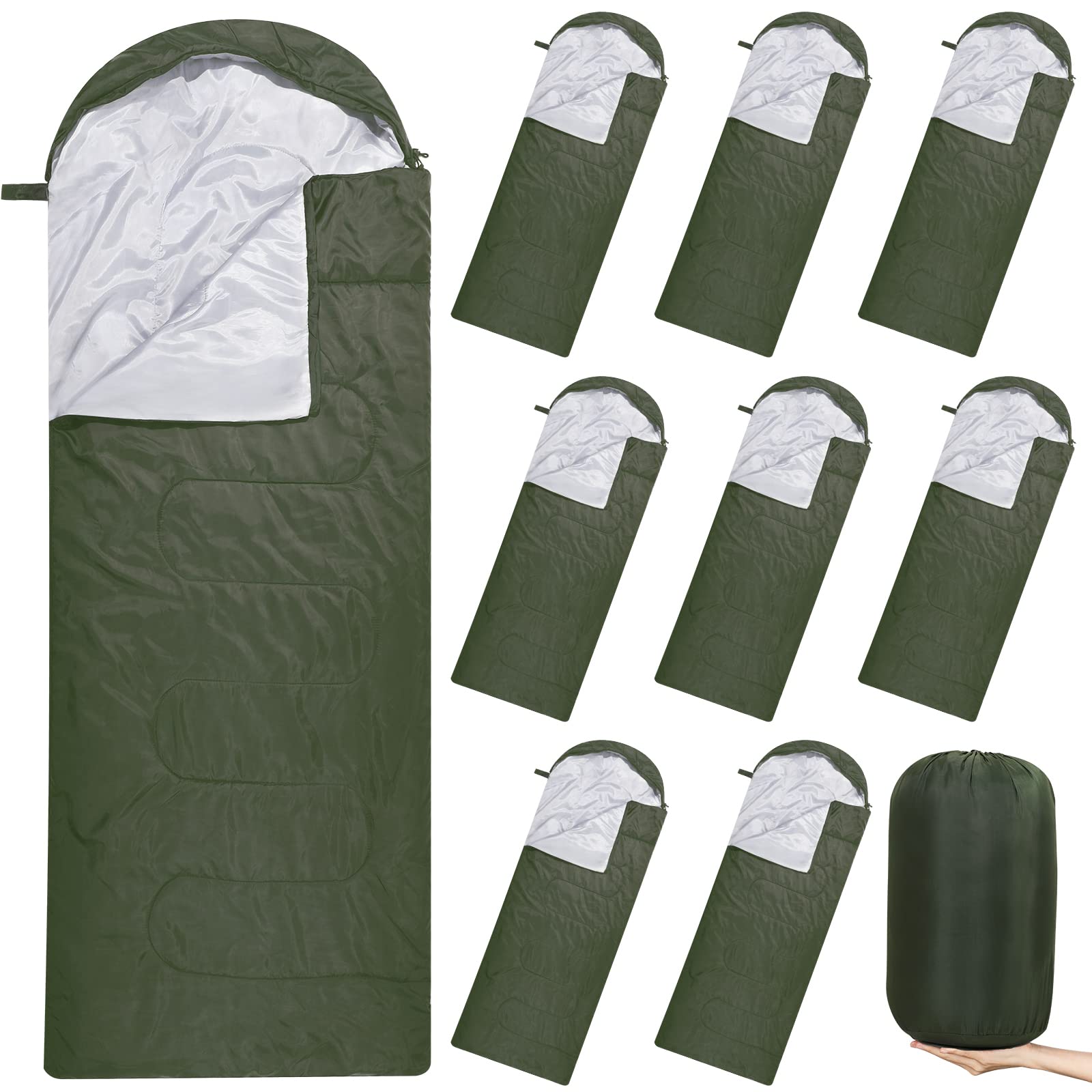 Macarrie 10 Pcs Bulk Sleeping Bags for Homeless Donation Shelter Adults 0 Degree Waterproof Sleeping Bags with Compression Sack for Cold Weather
