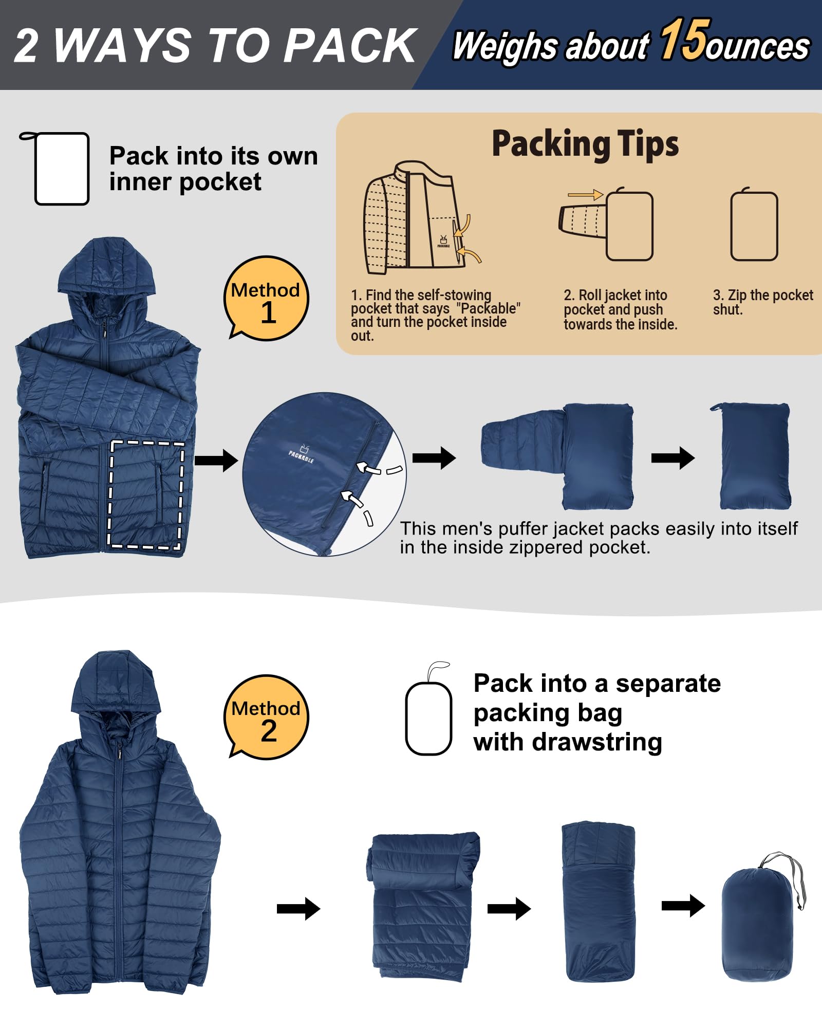 Outdoor Ventures Giacca trapuntata da uomo, impermeabile, ripiegabile, leggera, impermeabile, con cappuccio, giacca invernale con tasche