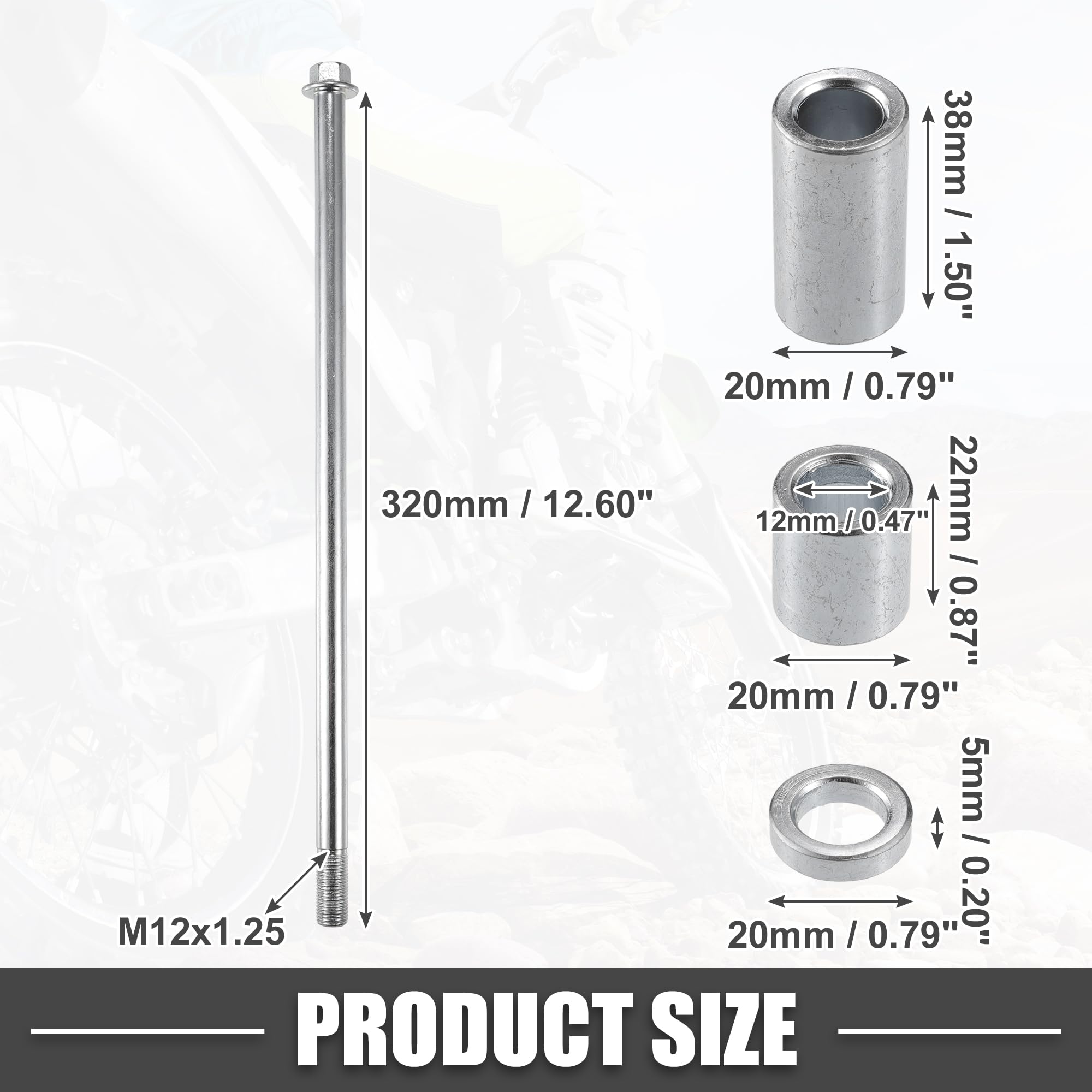 A ABSOPRO Asse anteriore posteriore con boccola e bullone a vite M12 320mm per moto da cross, scooter, ATV, asse ruota in lega d'acciaio tonalità argento