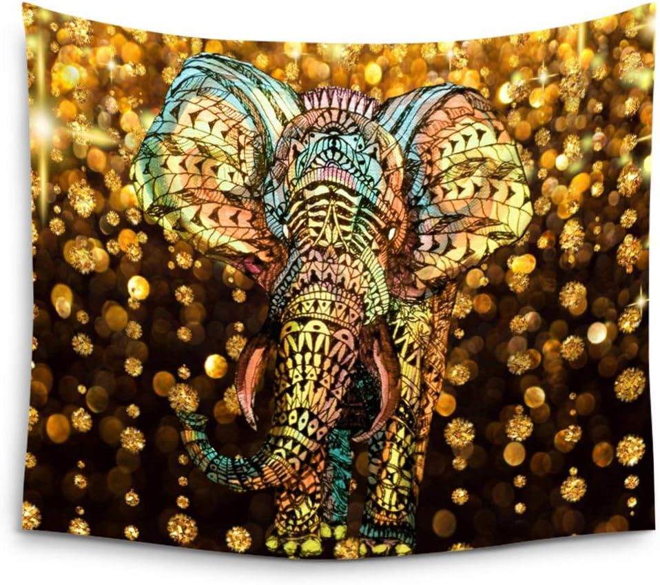 Ruibo Elephant Tapestry,watercolor Aztec Gold Elephant With Gold Rain Shine Flicker Glow Jewelry Stones Light/Indian Bohemian Wall Hanging Tapestry For Wall Hanging Decor For Bedroom Living Room Dorm