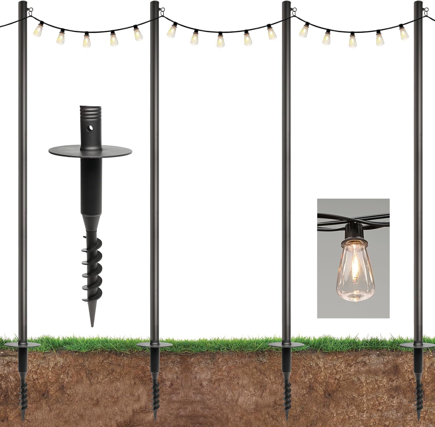 EXCELLO GLOBAL PRODUCTS Premium String Light Pole 4 Pack with 100' of LED Edison Bulb String Lights (Yard Mount)