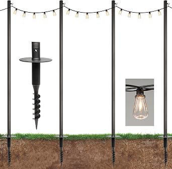 EXCELLO GLOBAL PRODUCTS Premium String Light Pole 4 Pack with 100 of LED Edison Bulb String Lights Yard Mount