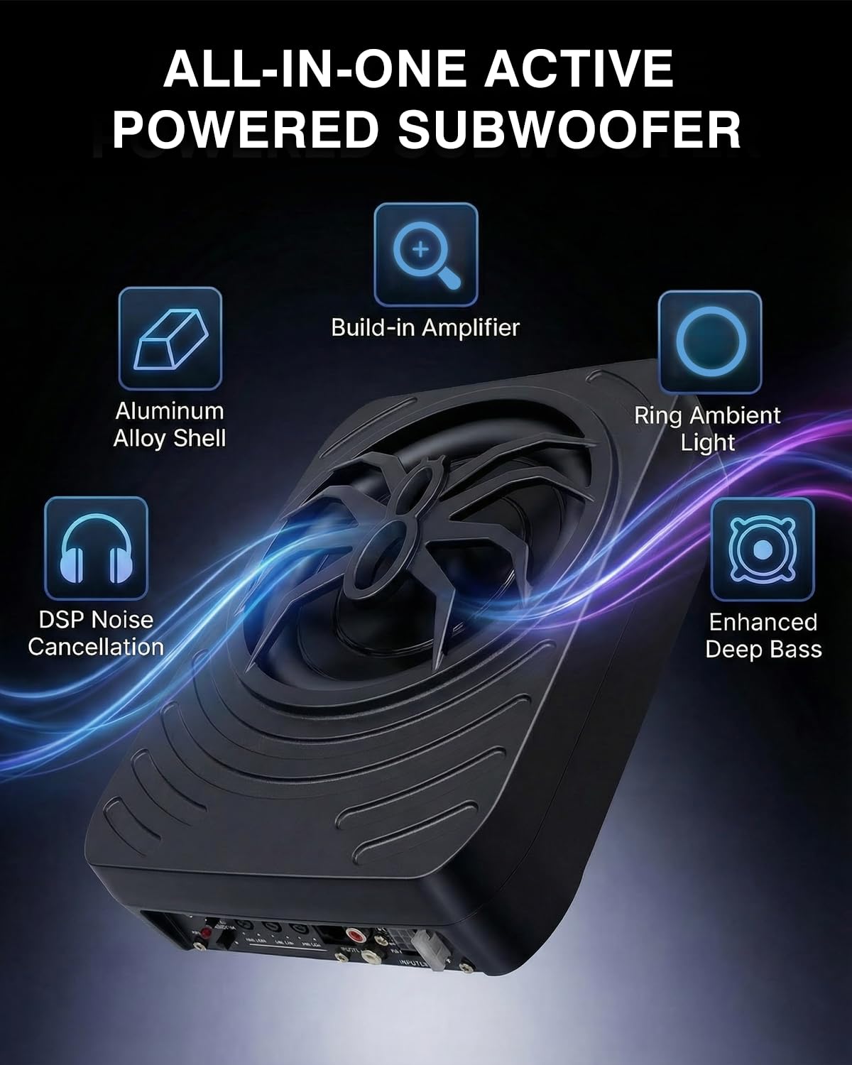 Caisson de Basse pour Voiture, Subwoofer Alimenté sous Le siège Ultra, Puissance Maximale de 1000W, Amplificateur Audio Intégré, Son Surround Stéréo, Subwoofer Compact de 7 Pouces, Noir