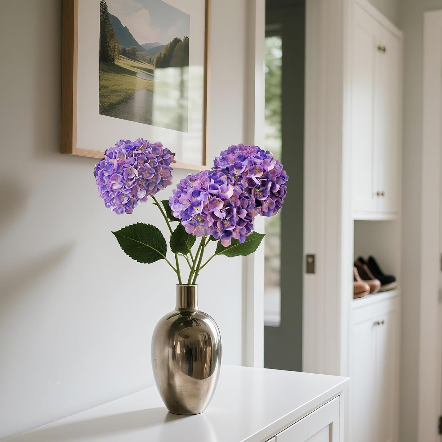 Purple Hydrangea Artificial Flowers 4Pcs Faux Hydrangeas 26'' Long Stem Silk Hydrangea Flowers Centerpiece Table Decorations Realistic Flowers for Outdoors Real Looking Purple Flowers