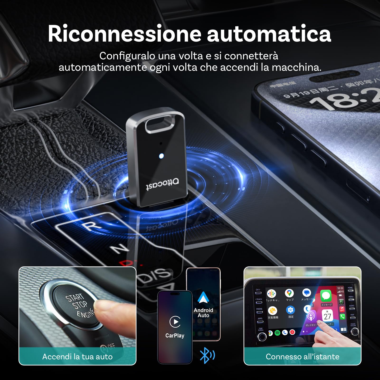 OTTOCAST 2 in 1 - Adattatore auto wireless carplay Android, OTTO CAST Mini Edge per iOS 10+ & Android 11+, collegamento senza soluzione di continuità per veicoli con Carplay/AndroidAuto