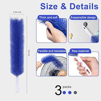 3 Pcs Fan Cleaning Brush Bendable Cobweb Duster - Microfiber Head, Washable - Ideal for Ceiling Fan Blades, Air Vents, Curtains, Cars - Reusable Dust Remover