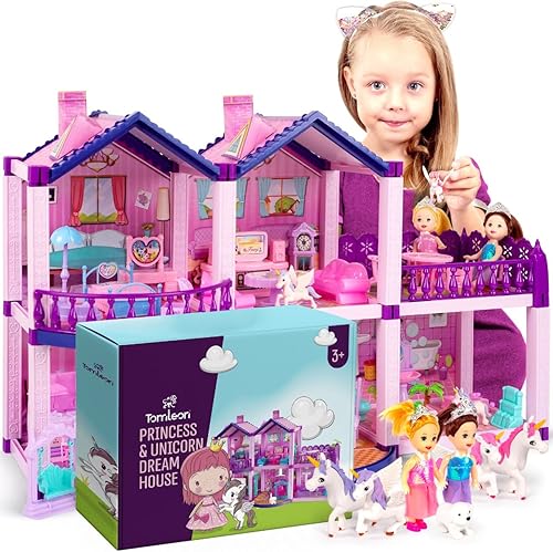 Miniatura 12 de Casa de muñecas con 2 princesas, 4 unicornios, perro, muebles y accesorios – Casa de muñecas de ensueño rosa y morado juguete para niñas pequeñas