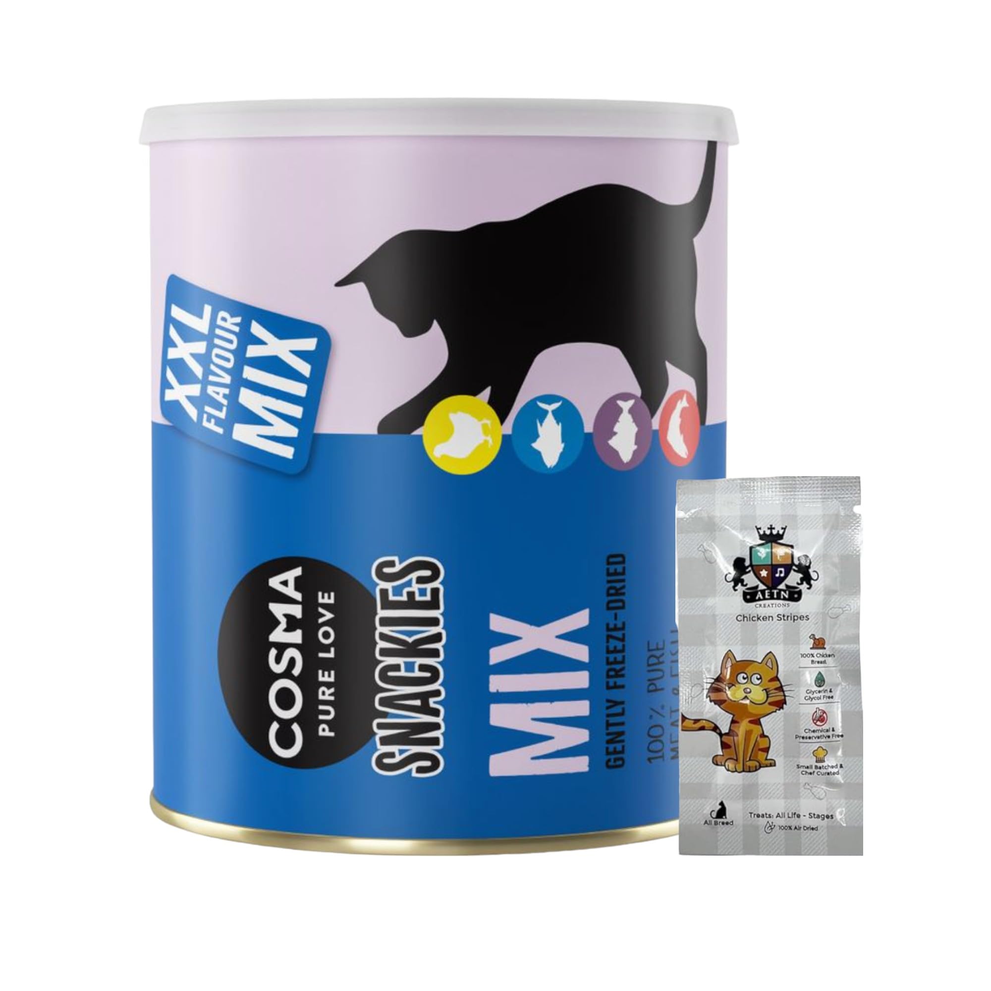 Cosma Pure Love Snackies Maxi Box (160g) Freeze Dried Cat Treats in Chicken, Tuna, White Fish and Salmon Grain-free for Adult Cats with AETN Cat Treat