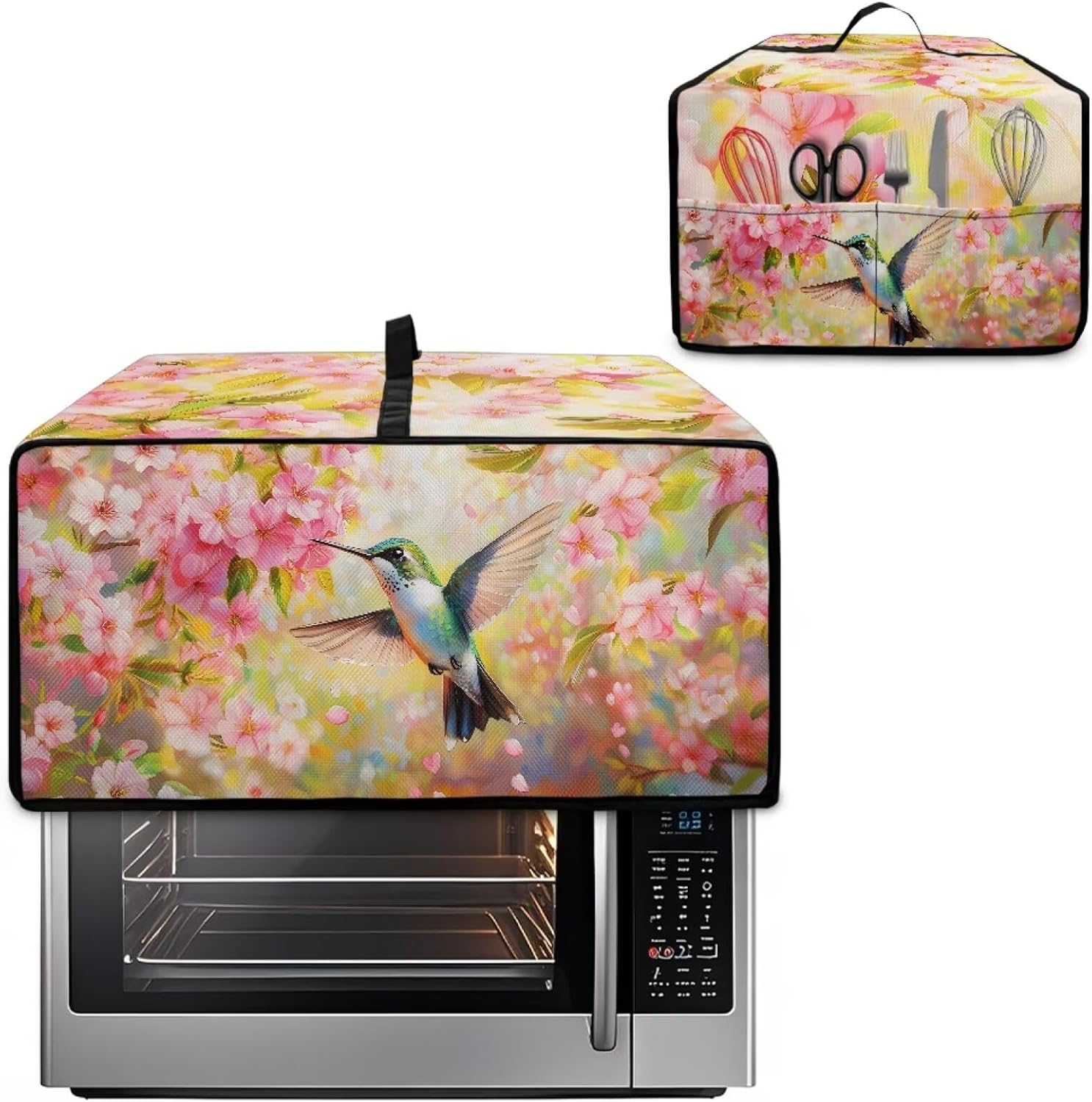 Hummingbird Cherry Blossom Print Toaster Oven Cover with Side Pockets Dustproof Smart Microwave Convection Oven Cover with Handle for Kitchen Decor, M