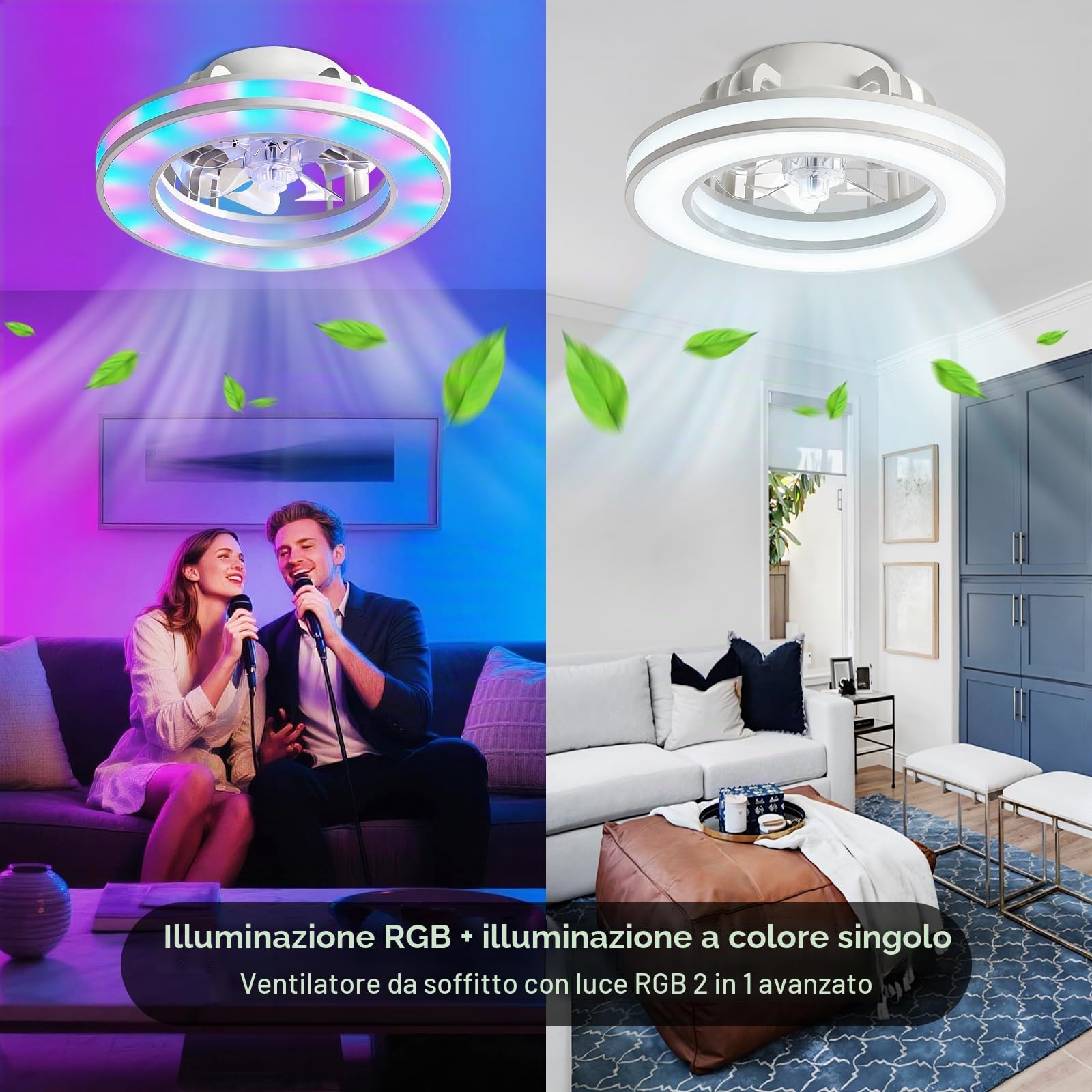 Ventilatore da Soffitto RGB Dimmerabile a LED | Bambino Cameretta Lampadario Ventilatore Reversibile con Telecomando, 6 Velocità Lampadario Per Camera Da Letto-White