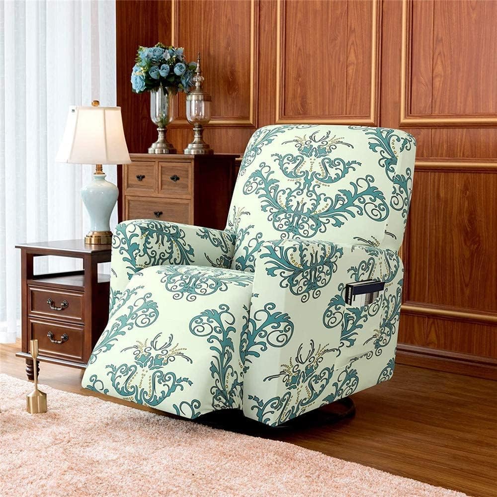 Printed Recliner Chair Cover Stretch Recliner Sofa Slipcovers with Fashion Pattern, Polyester Couch Covers with Elastic Bottom and Side Pocket for Living Room (Color : Green)