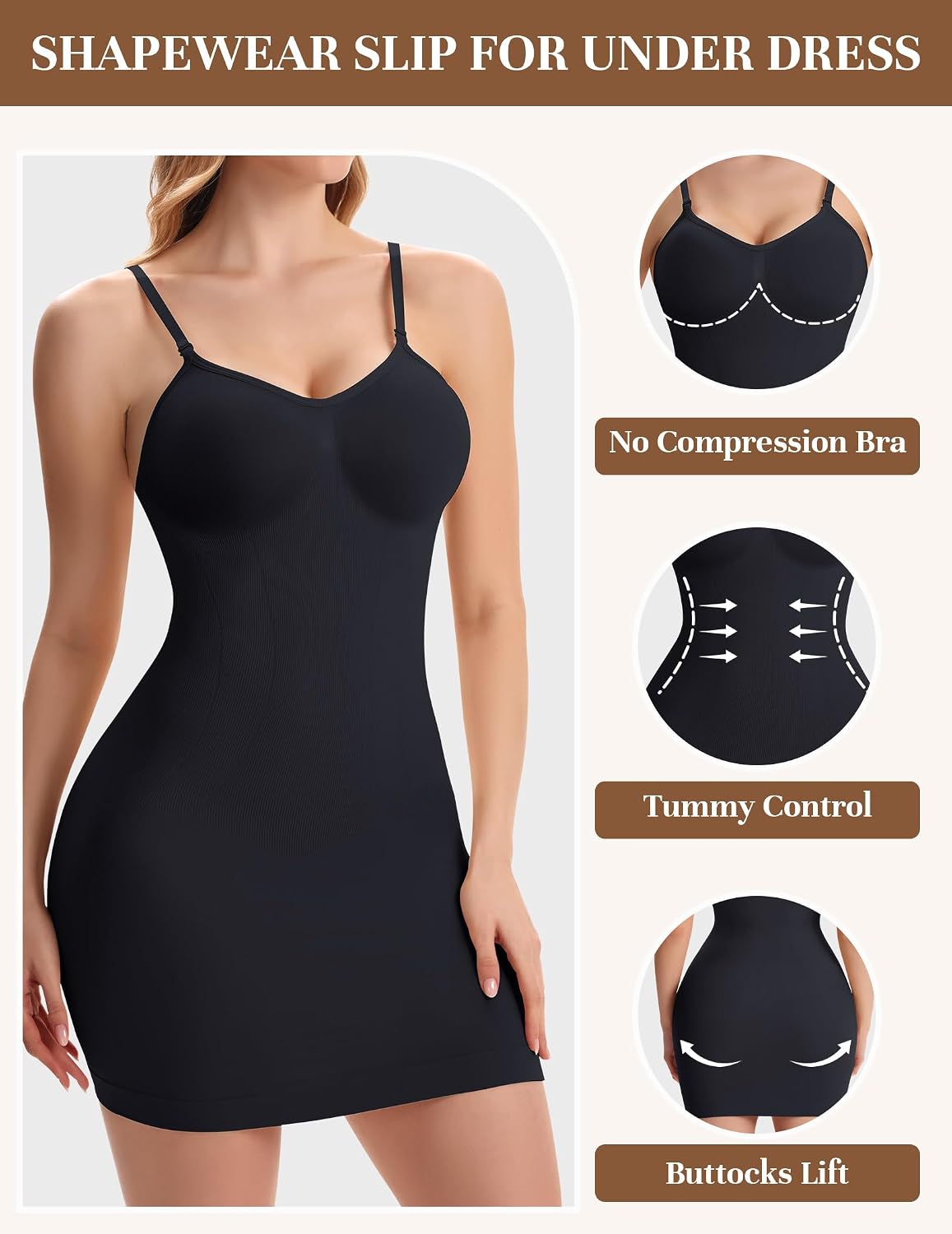 Shapewear Slip for Under Dress, V Neck Tummy Control Slip Dress Seamless Body Shaper for Women