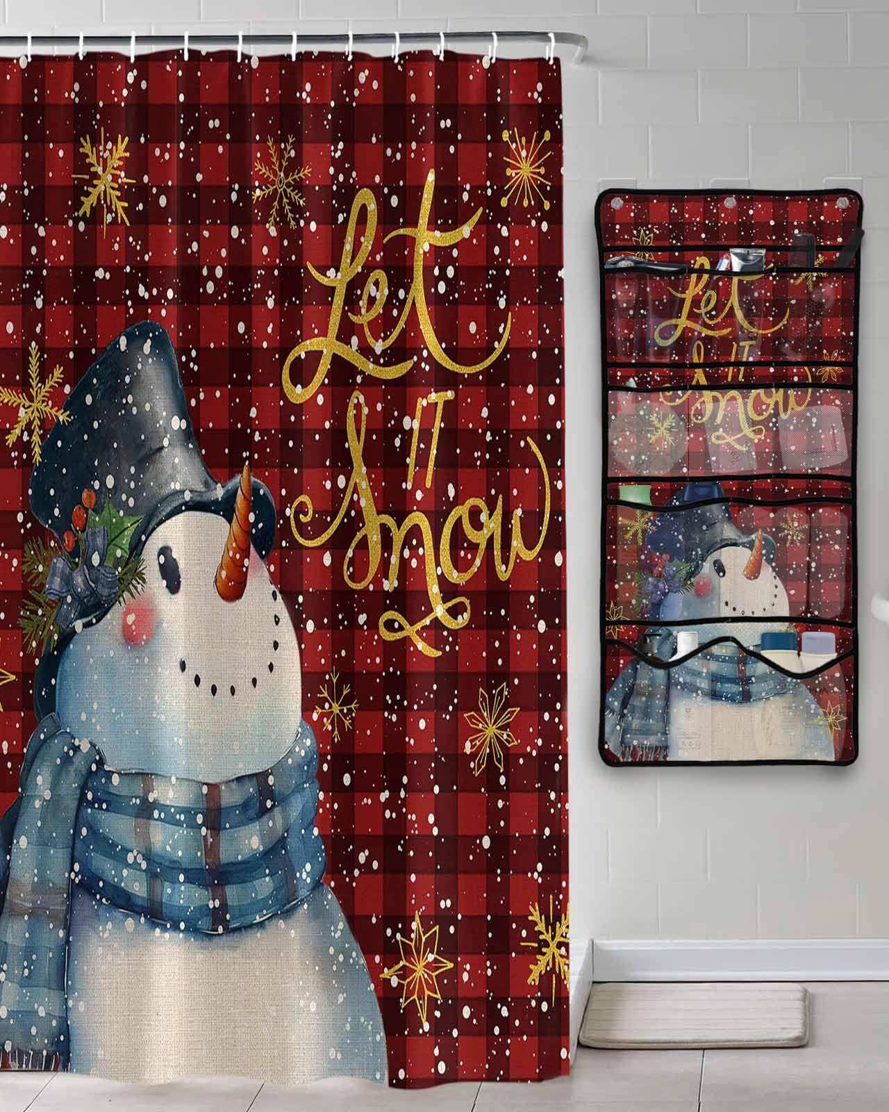 Shower Curtain Mesh Shower Organizer Hanging Set Let it Snow Christmas Snowman Snowflake Red Black Plaid Waterproof Shower