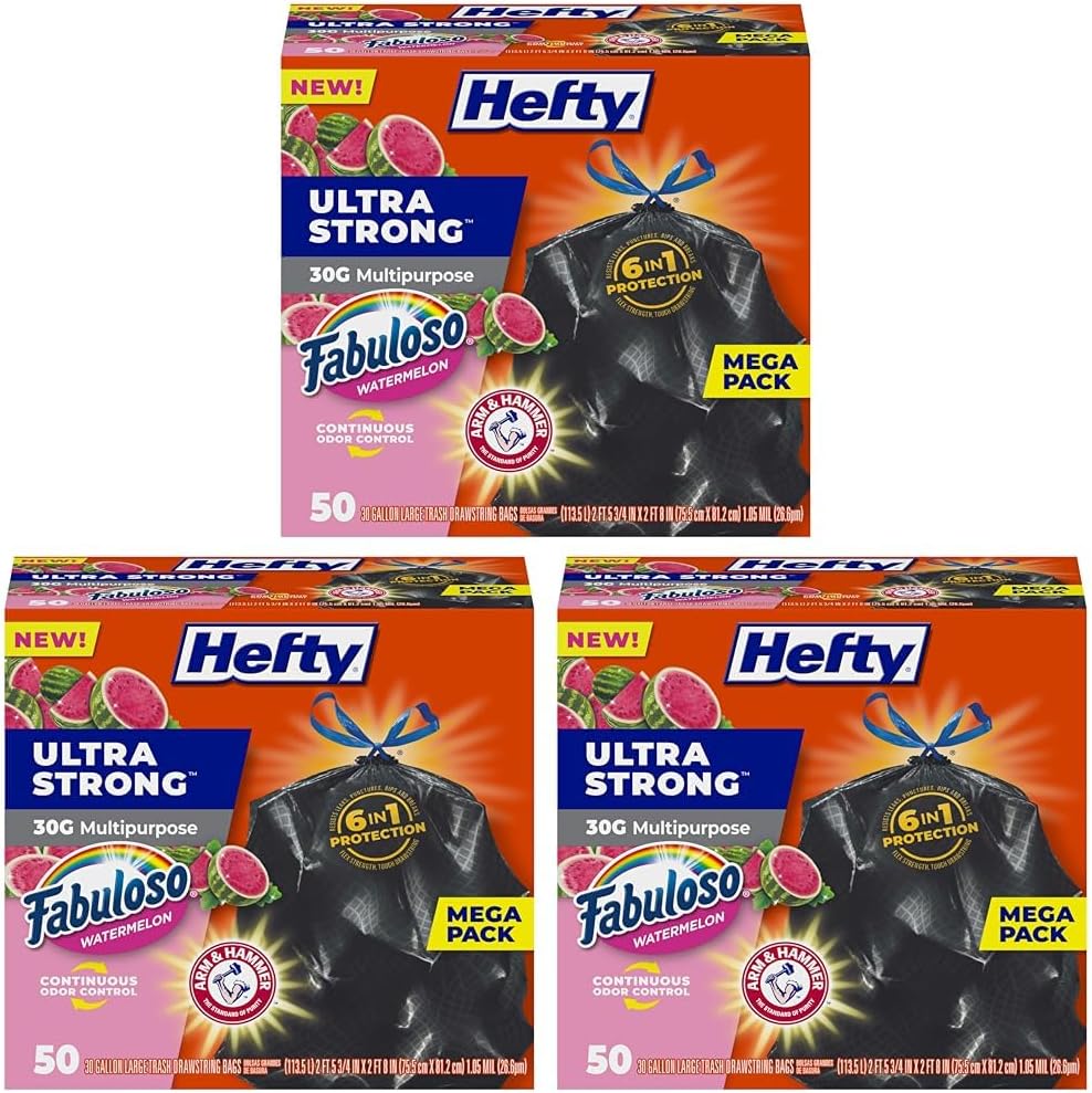 Hefty Ultra Strong 30 Gallon Trash Bags, Large Trash Bags, Multipurpose, Break Resistant Drawstring Closure, Resists Leaks, Punctures, and Tears, Black, Fabuloso Watermelon Scent, 50 Bags (Pack of 3)