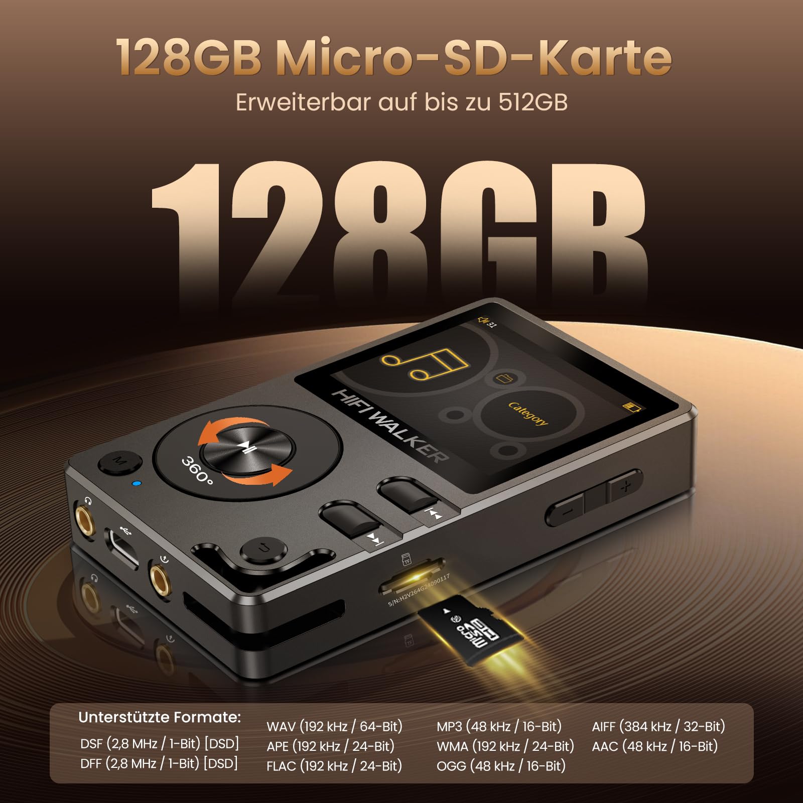 HIFI Walker H2 128GB MP3-Player Bluetooth 5.2 DSD DAC Hi-Res FLAC verlustfreier Musikspieler 128GB SD-Karte 512GB erweiterbar ALPS-Regler Robustes Zinkgehäuse