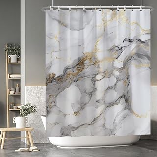 Baocicoo Gold Ink White Marble Modern Abstract Shower Curtain for Bathroom - Luxury Texture, Waterproof Polyester with Hooks - 72x84 Inches