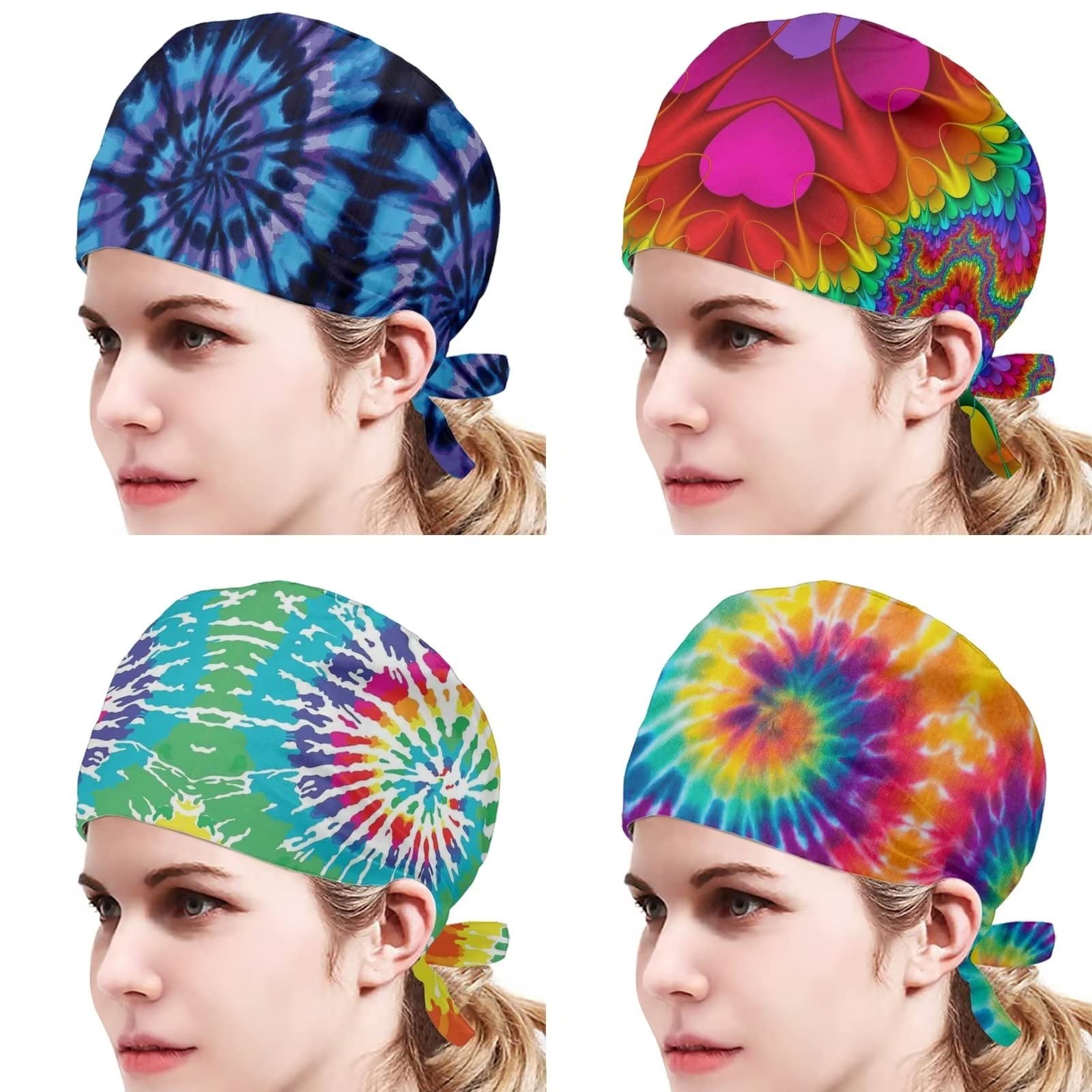 Babrukda 4 Pieces Set Trendy Tie-dye Turban Hat Cap Adjustable Strap Tie Back Hats for Women Men Universal Head Hair Cover Beanies with Sweatband Headwear for Vacation Beach Shopping Working