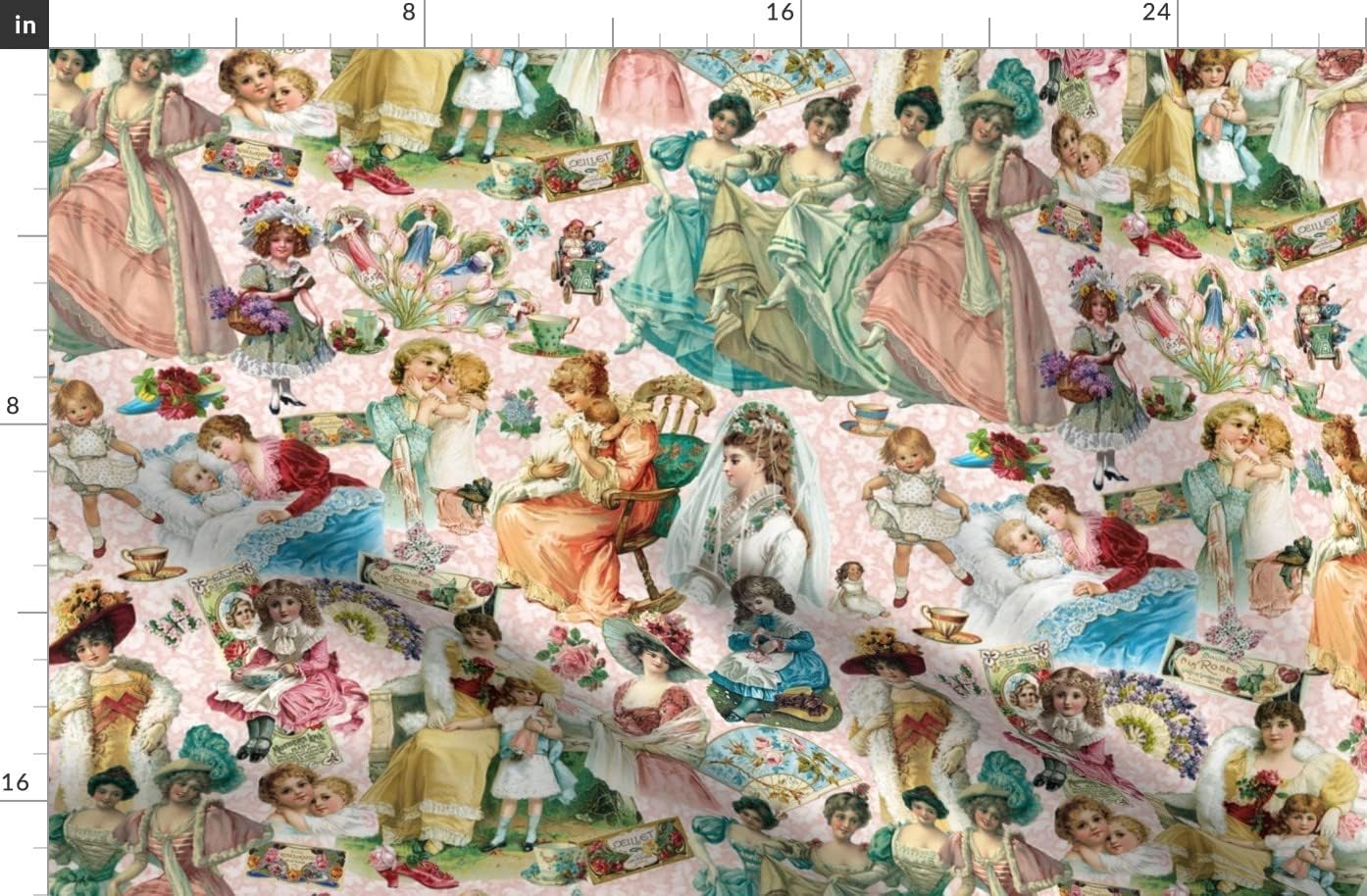 Spoonflower Fabric - Vintage Children Tea Cups Dance Printed on Organic Cotton Sateen Fabric by The Yard - Sewing Quilting Apparel Home Decor